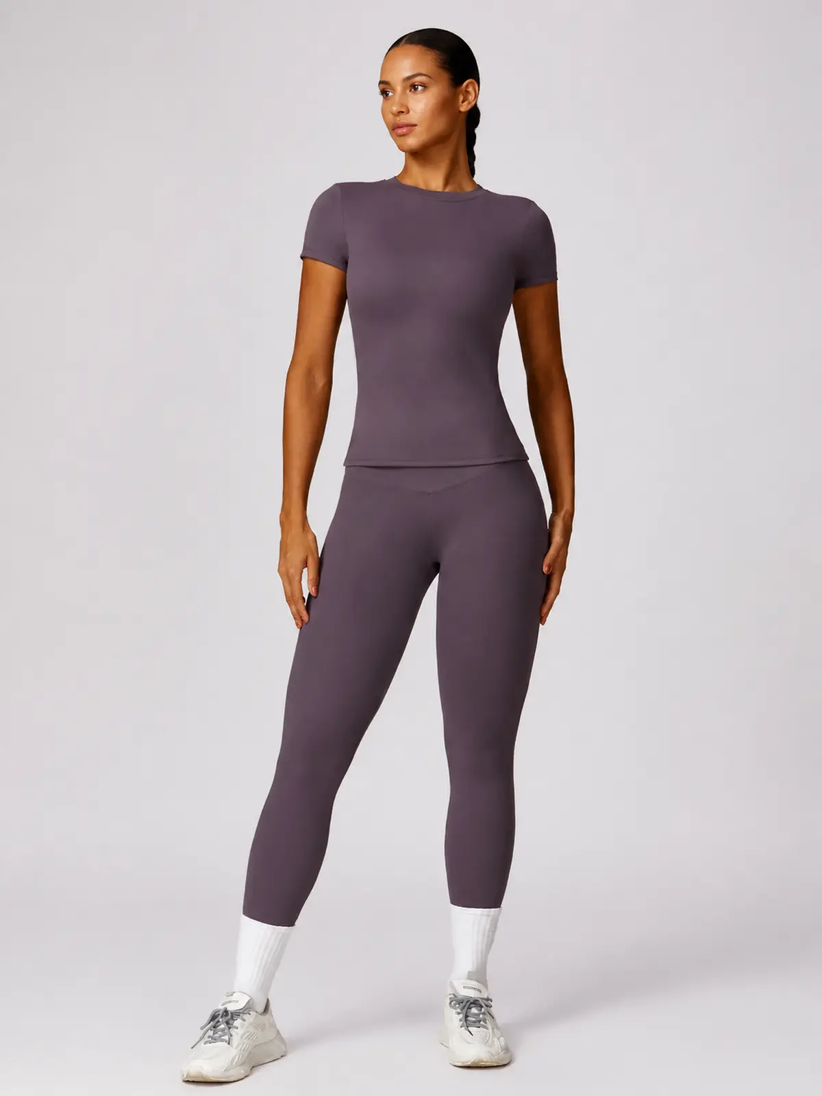 Cypress Verse Short-Sleeve Crew-Neck Yoga T-Shirt — aubergine purple — general — authoritative variation match