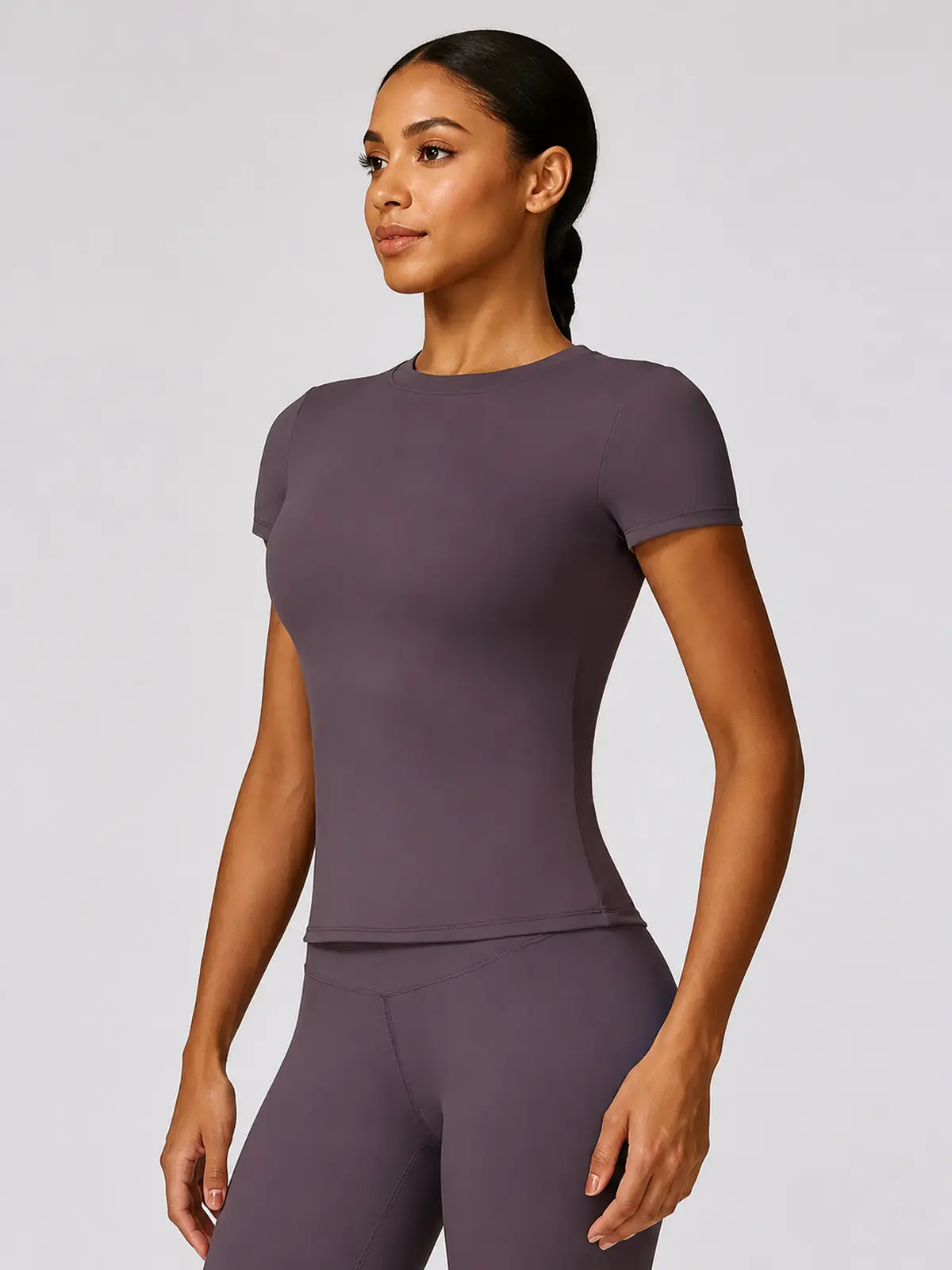 Cypress Verse Short-Sleeve Crew-Neck Yoga T-Shirt — aubergine purple — authoritative variation match