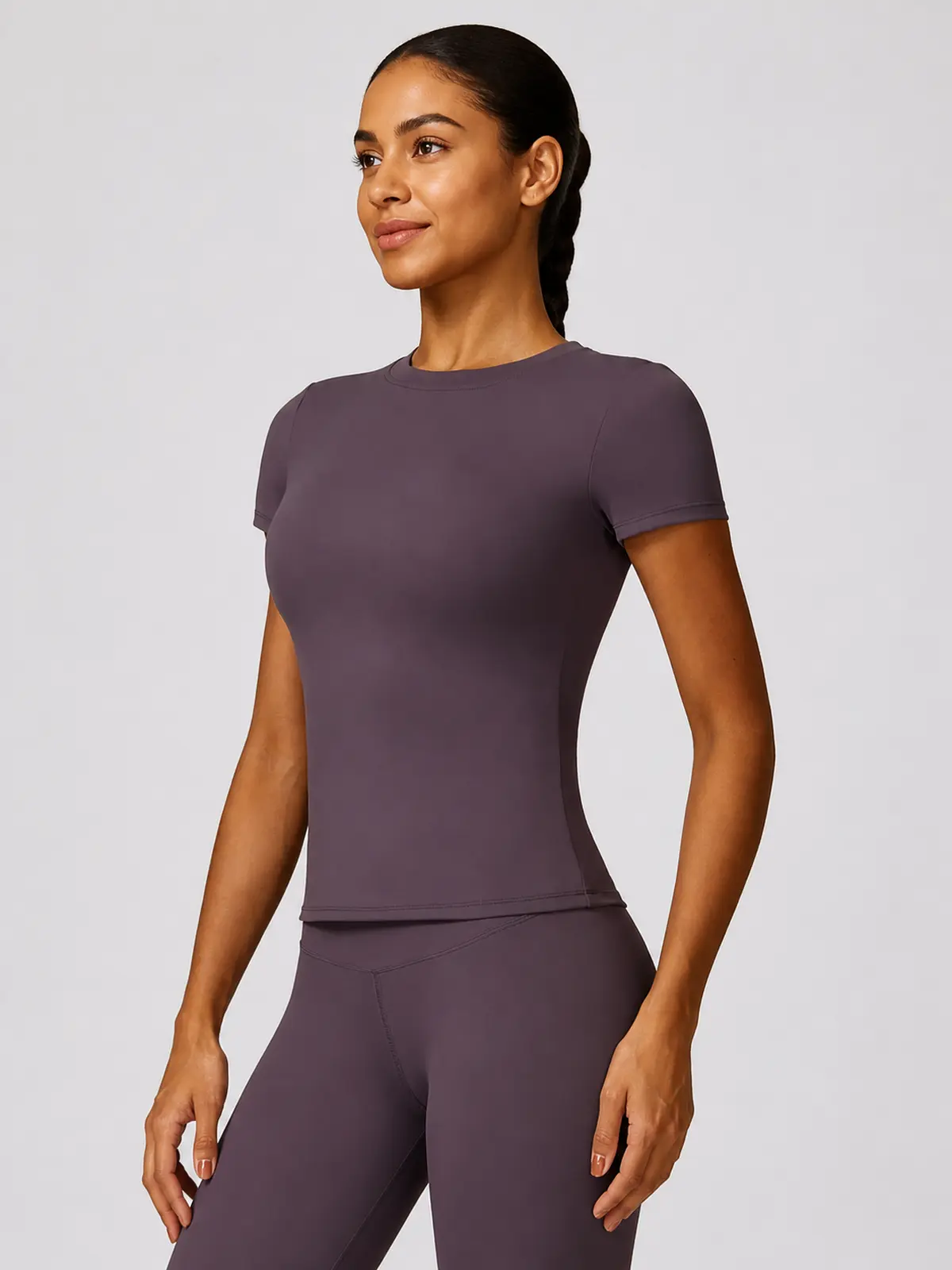 Cypress Verse Short-Sleeve Crew-Neck Yoga T-Shirt — aubergine purple — authoritative variation match