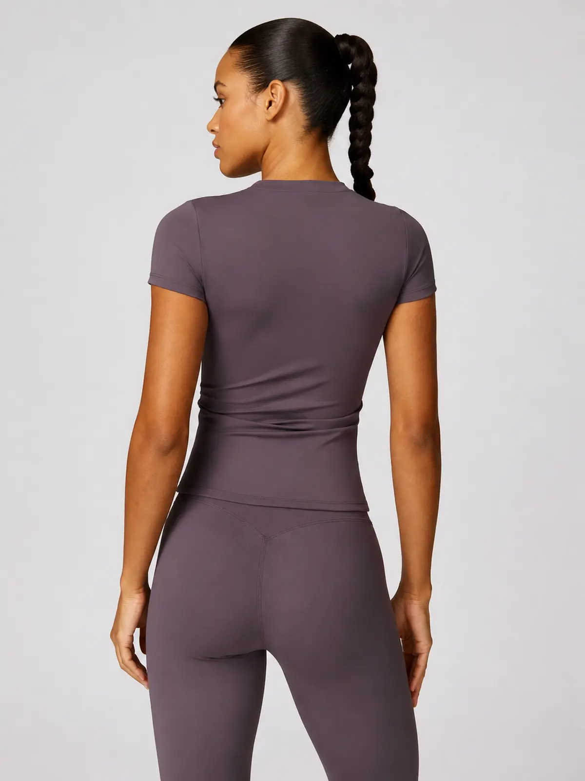 Cypress Verse Short-Sleeve Crew-Neck Yoga T-Shirt — aubergine purple — authoritative variation match