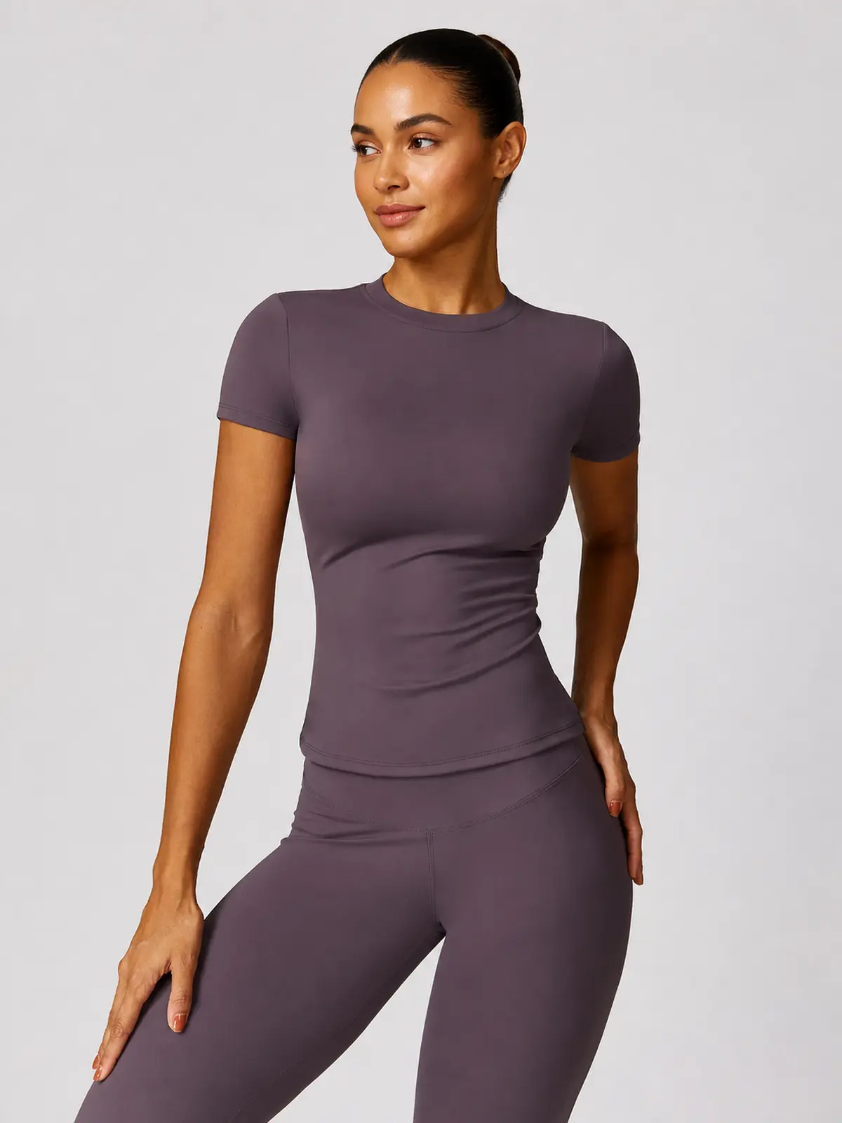 Cypress Verse Short-Sleeve Crew-Neck Yoga T-Shirt — aubergine purple — authoritative variation match