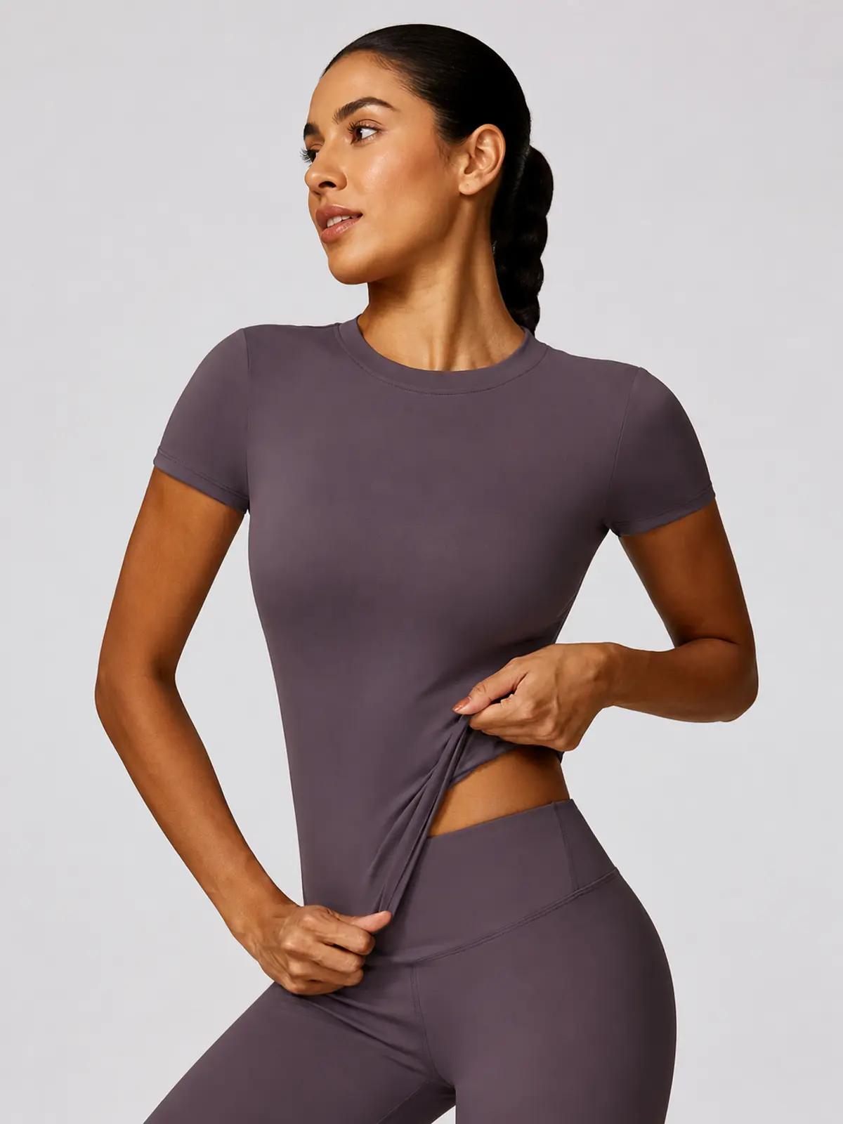Cypress Verse Short-Sleeve Crew-Neck Yoga T-Shirt — aubergine purple — authoritative variation match