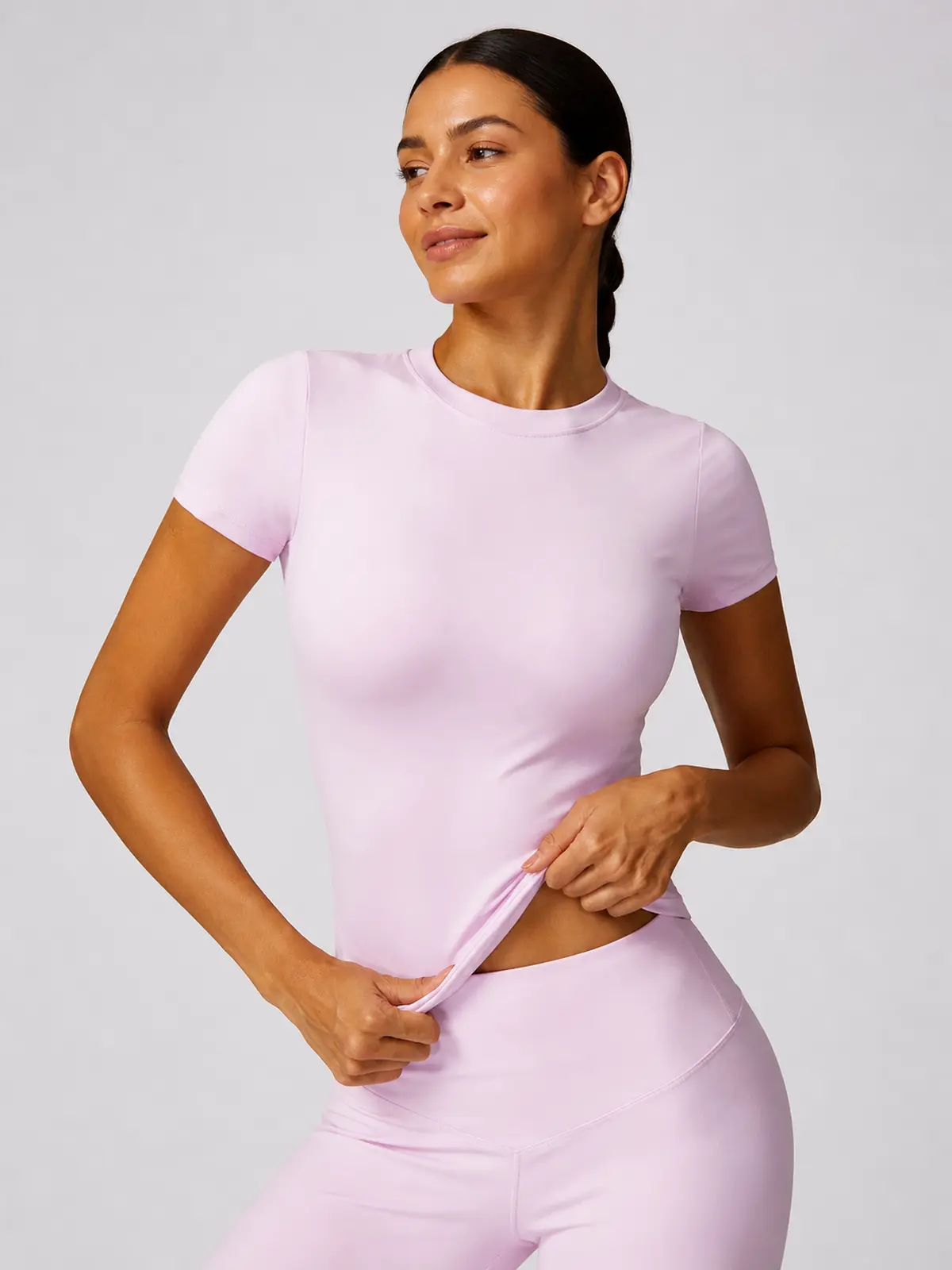 Cypress Verse Short-Sleeve Crew-Neck Yoga T-Shirt — light pink — authoritative variation match