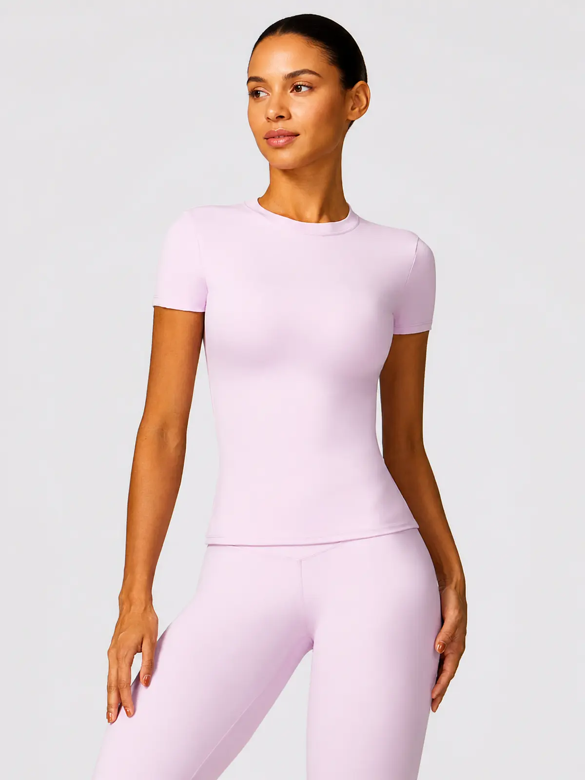 Cypress Verse Short-Sleeve Crew-Neck Yoga T-Shirt — light pink — authoritative variation match