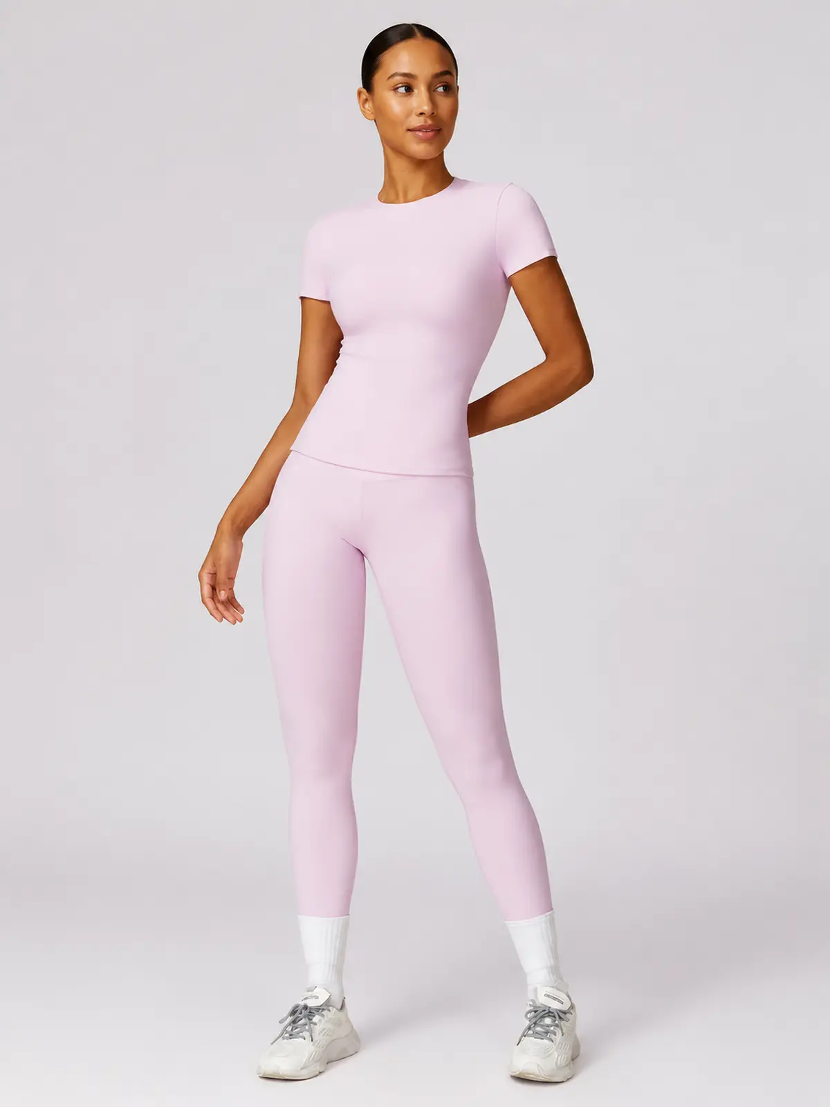 Cypress Verse Short-Sleeve Crew-Neck Yoga T-Shirt — light pink — authoritative variation match