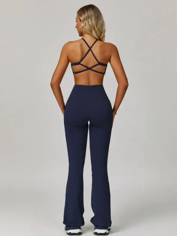 Dappled Route Halter Sports Bra and Flare Leggings Set — cobalt blue — general — authoritative variation match