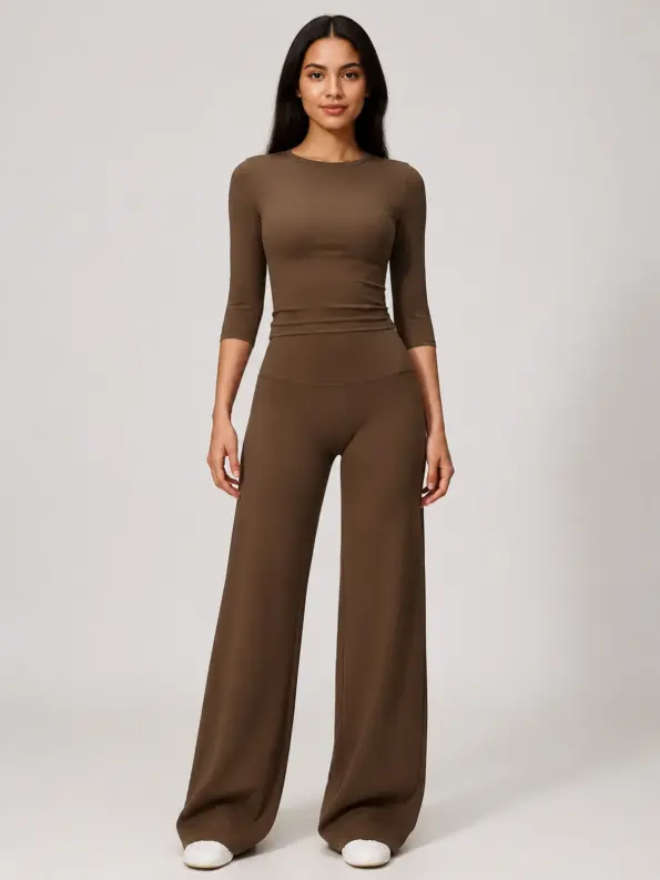 Dawnline Ease Crop Top and Flare Leggings Set — chocolate brown — general — authoritative variation image