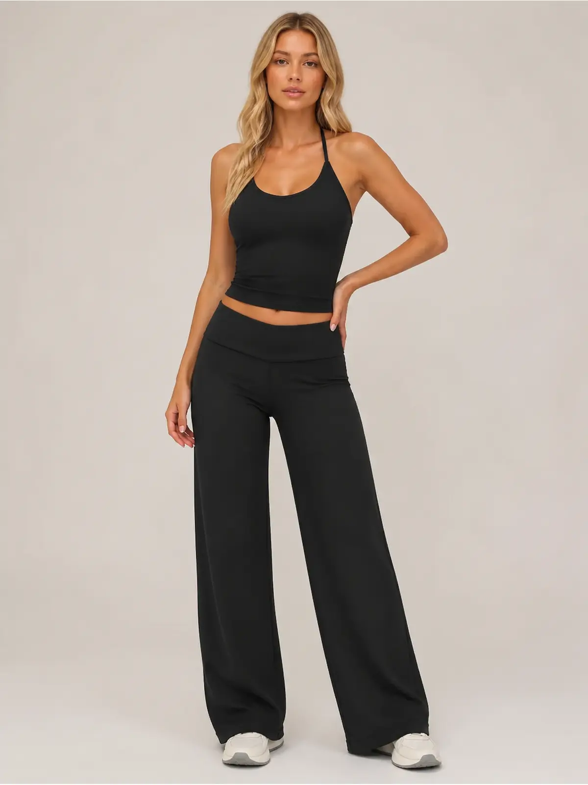 Daylight Drift Halter Tank Top and Wide-Leg Pants Set — black — general — authoritative variation match