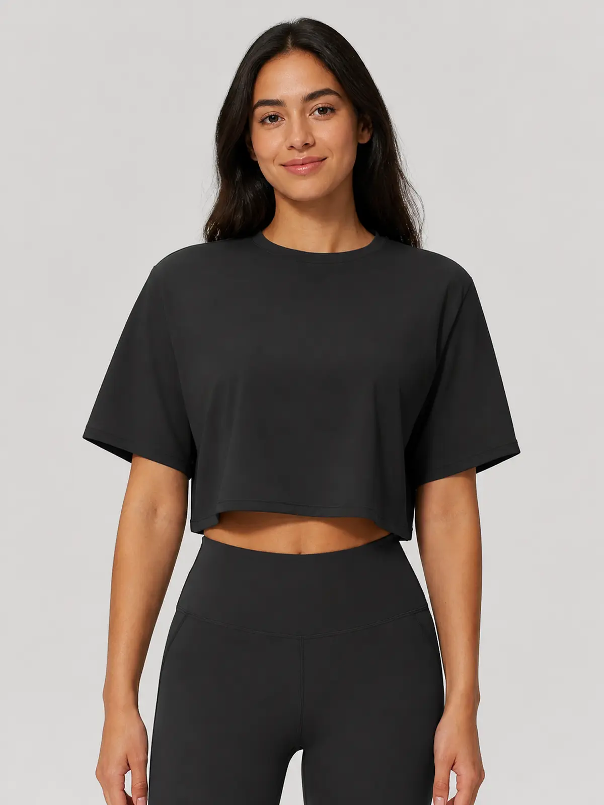 Daylily Note Cropped Short-Sleeve Crew-Neck Yoga T-Shirt — black — crop-top — authoritative variation image