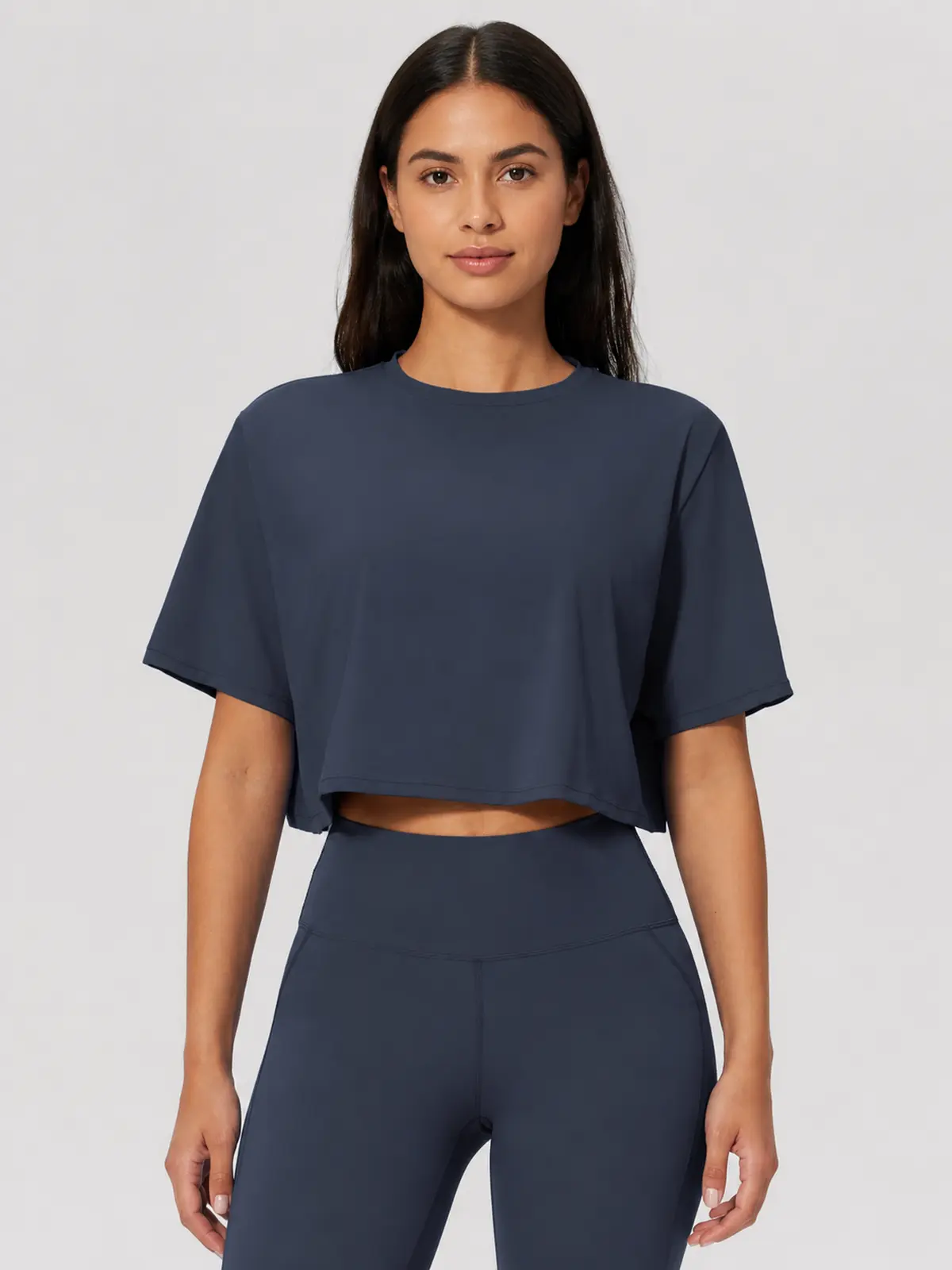 Daylily Note Cropped Short-Sleeve Crew-Neck Yoga T-Shirt — cobalt blue — crop-top — authoritative variation image