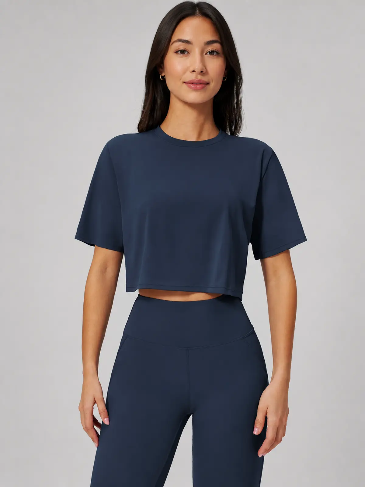 Daylily Note Cropped Short-Sleeve Crew-Neck Yoga T-Shirt — cobalt blue — general — assigned human anchor cluster
