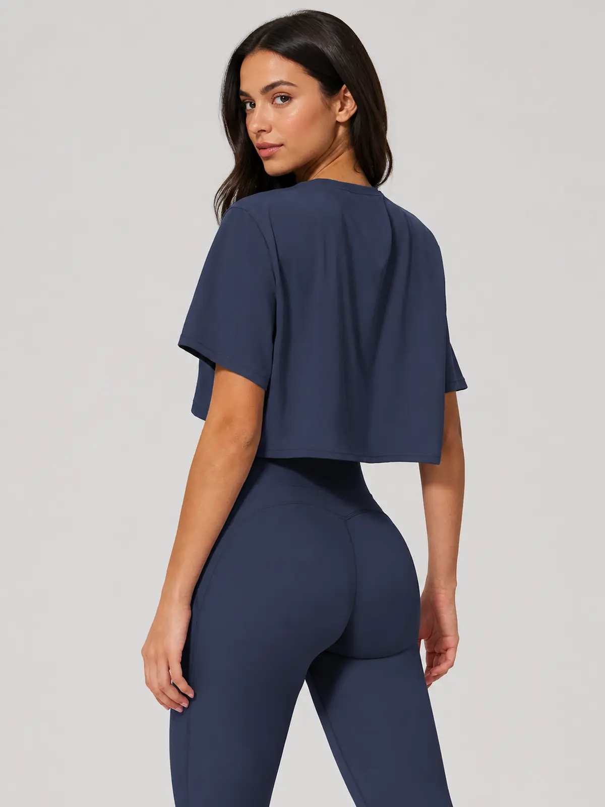 Daylily Note Cropped Short-Sleeve Crew-Neck Yoga T-Shirt — cobalt blue — general — authoritative variation match