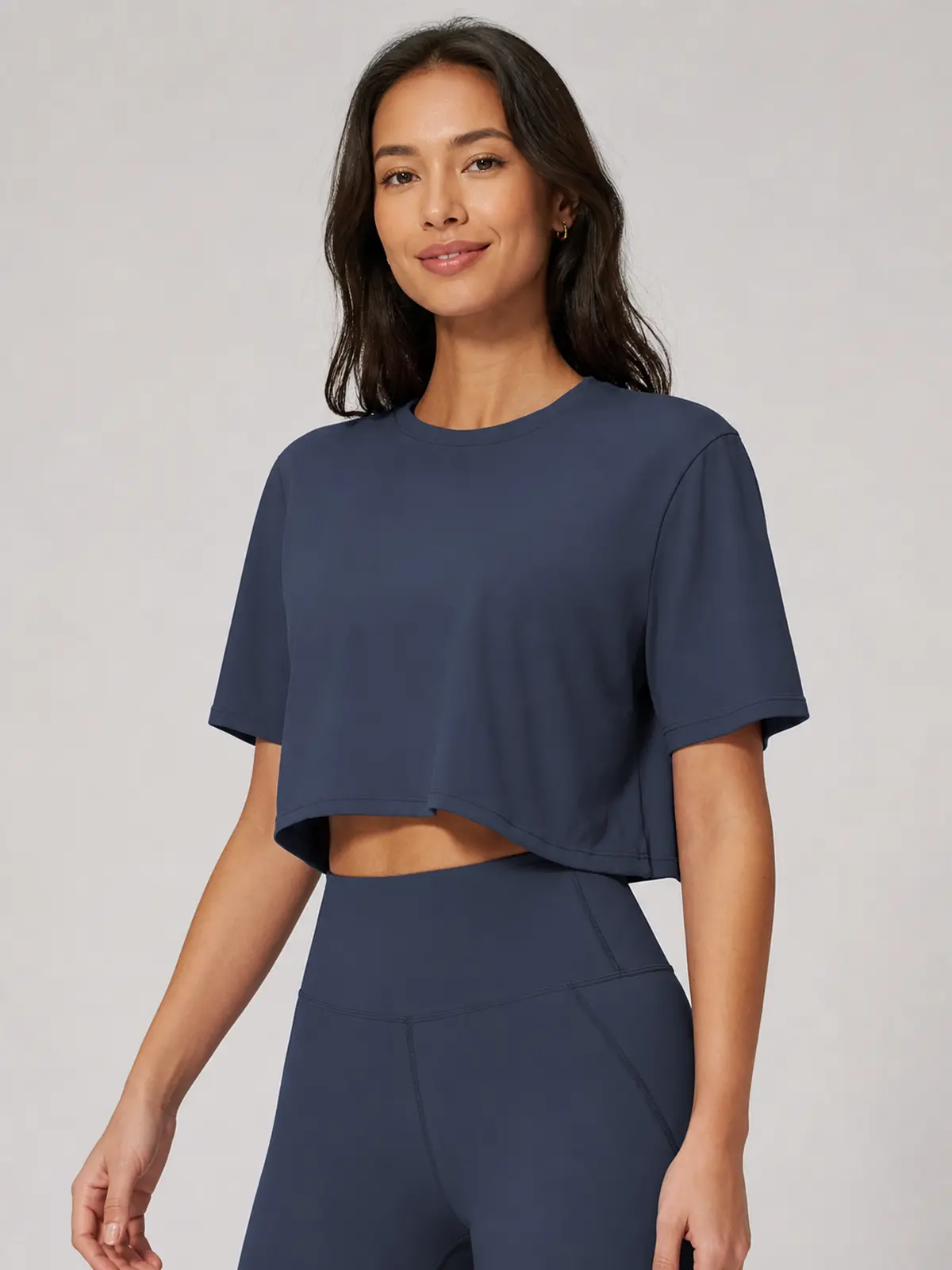 Daylily Note Cropped Short-Sleeve Crew-Neck Yoga T-Shirt — cobalt blue — general — authoritative variation match
