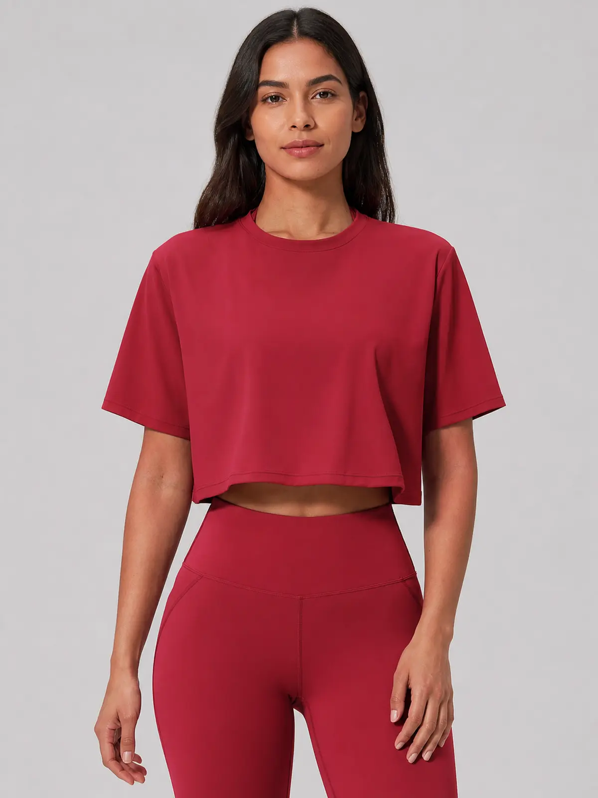 Daylily Note Cropped Short-Sleeve Crew-Neck Yoga T-Shirt — dark cherry red — crop-top — authoritative variation image