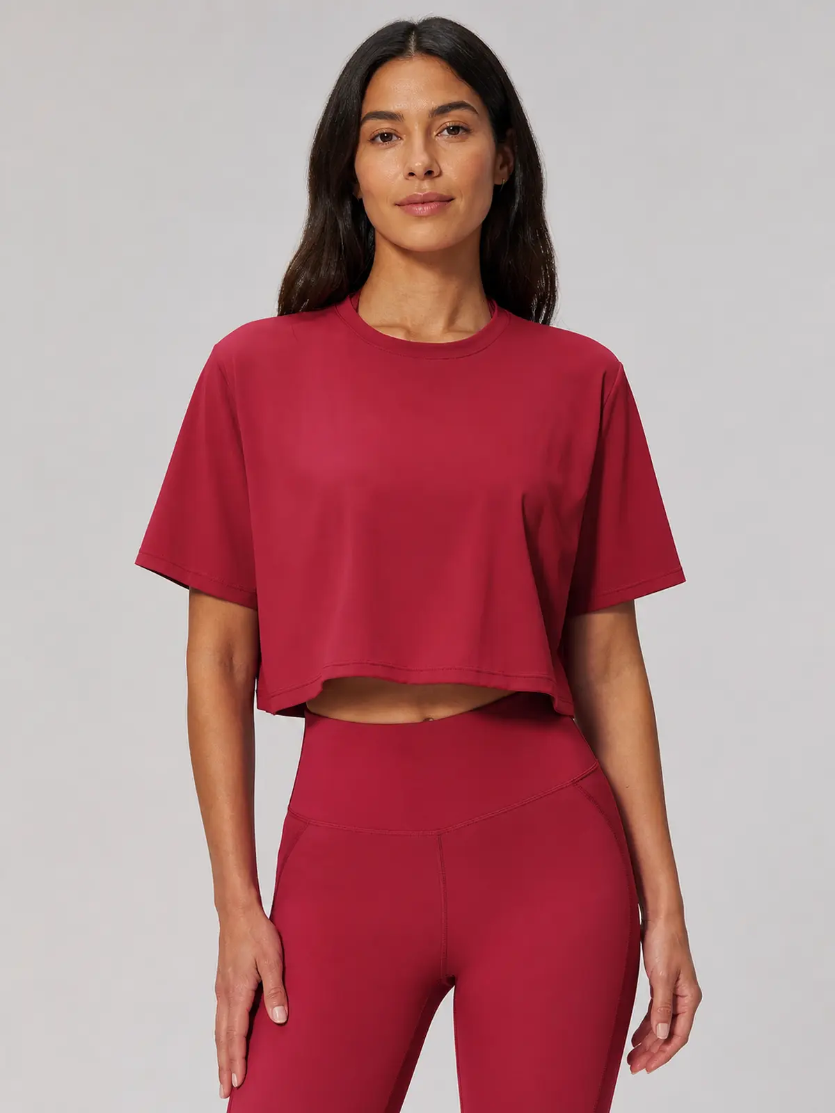 Daylily Note Cropped Short-Sleeve Crew-Neck Yoga T-Shirt — dark cherry red — crop-top — authoritative variation match