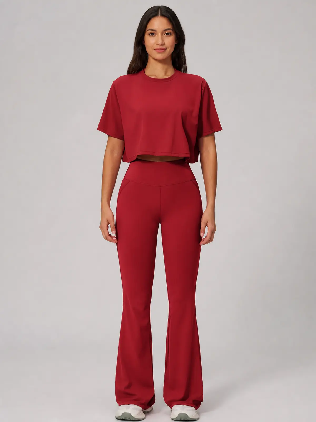 Daylily Note Cropped Short-Sleeve Crew-Neck Yoga T-Shirt — dark cherry red — general — authoritative variation match
