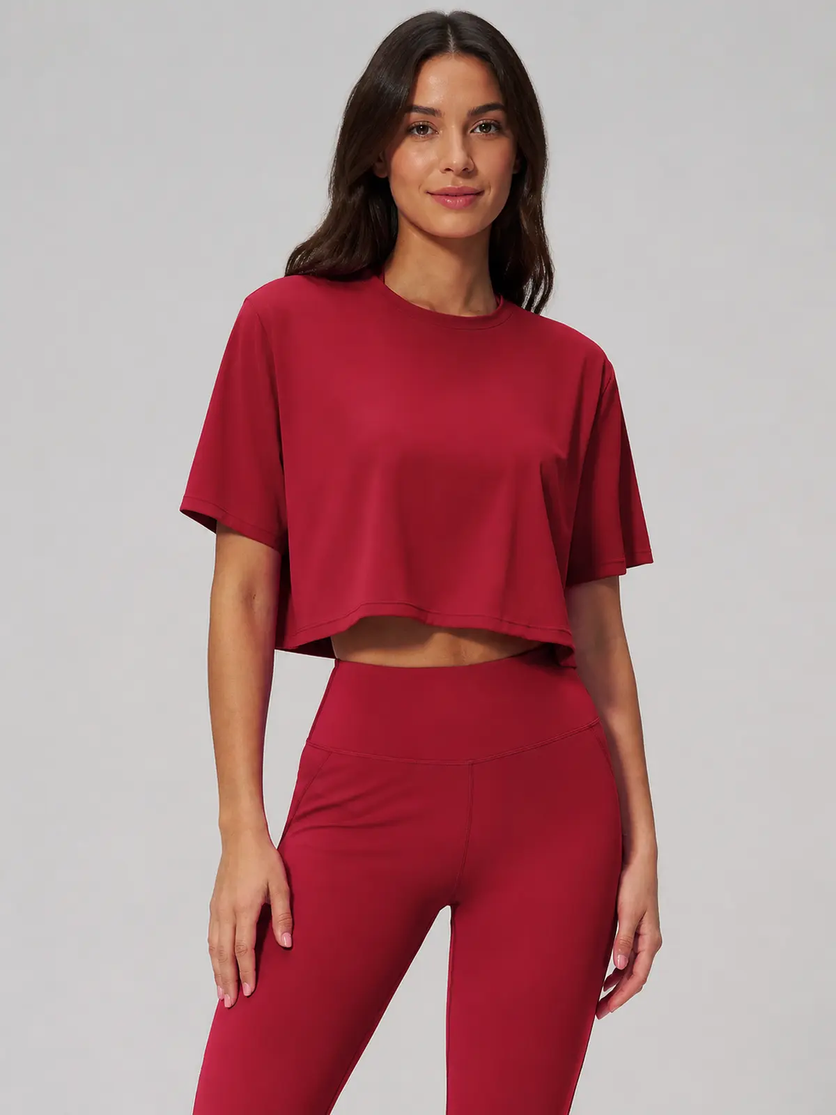 Daylily Note Cropped Short-Sleeve Crew-Neck Yoga T-Shirt — dark cherry red — general — authoritative variation match