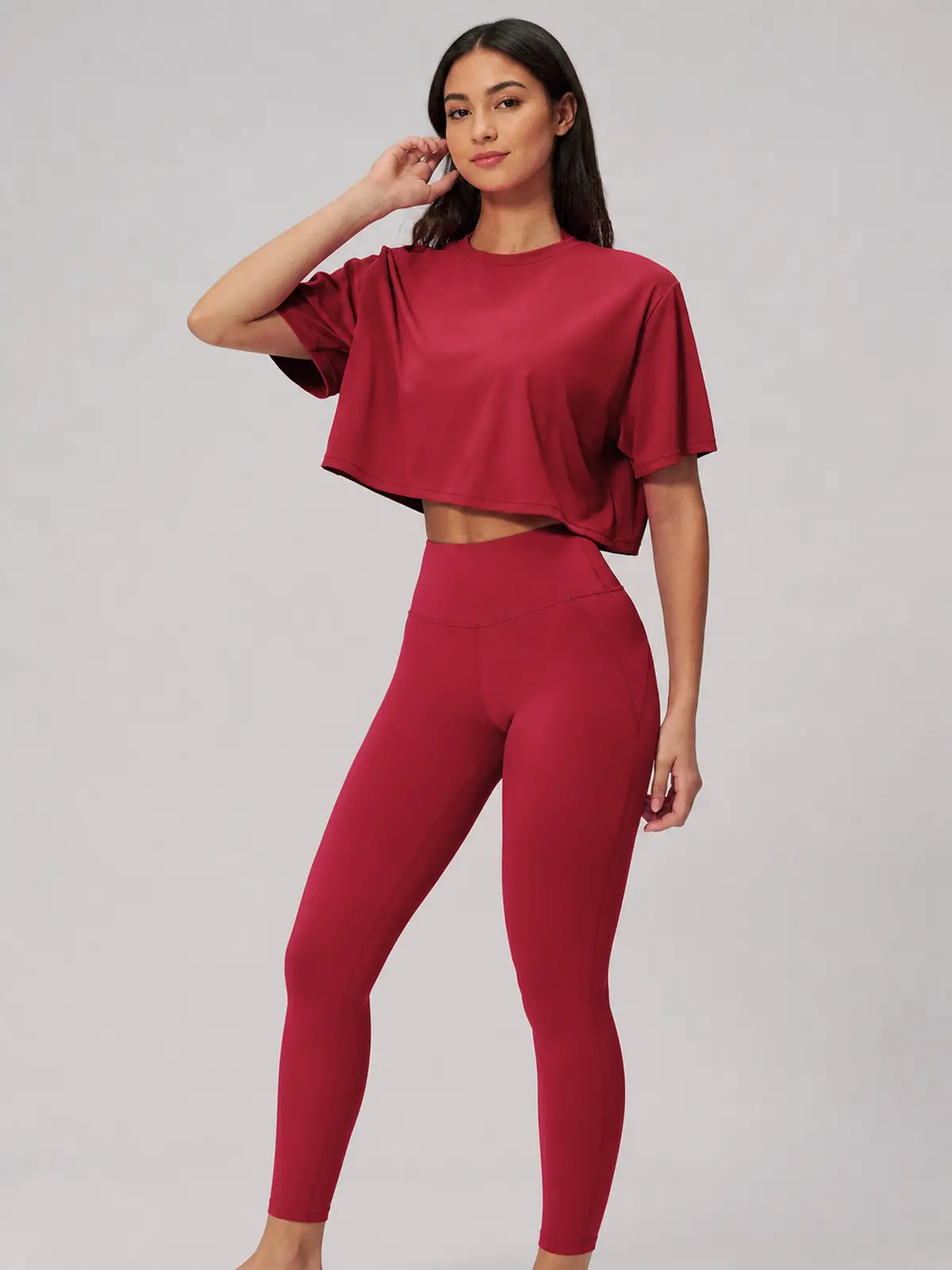 Daylily Note Cropped Short-Sleeve Crew-Neck Yoga T-Shirt — dark cherry red — general — authoritative variation match