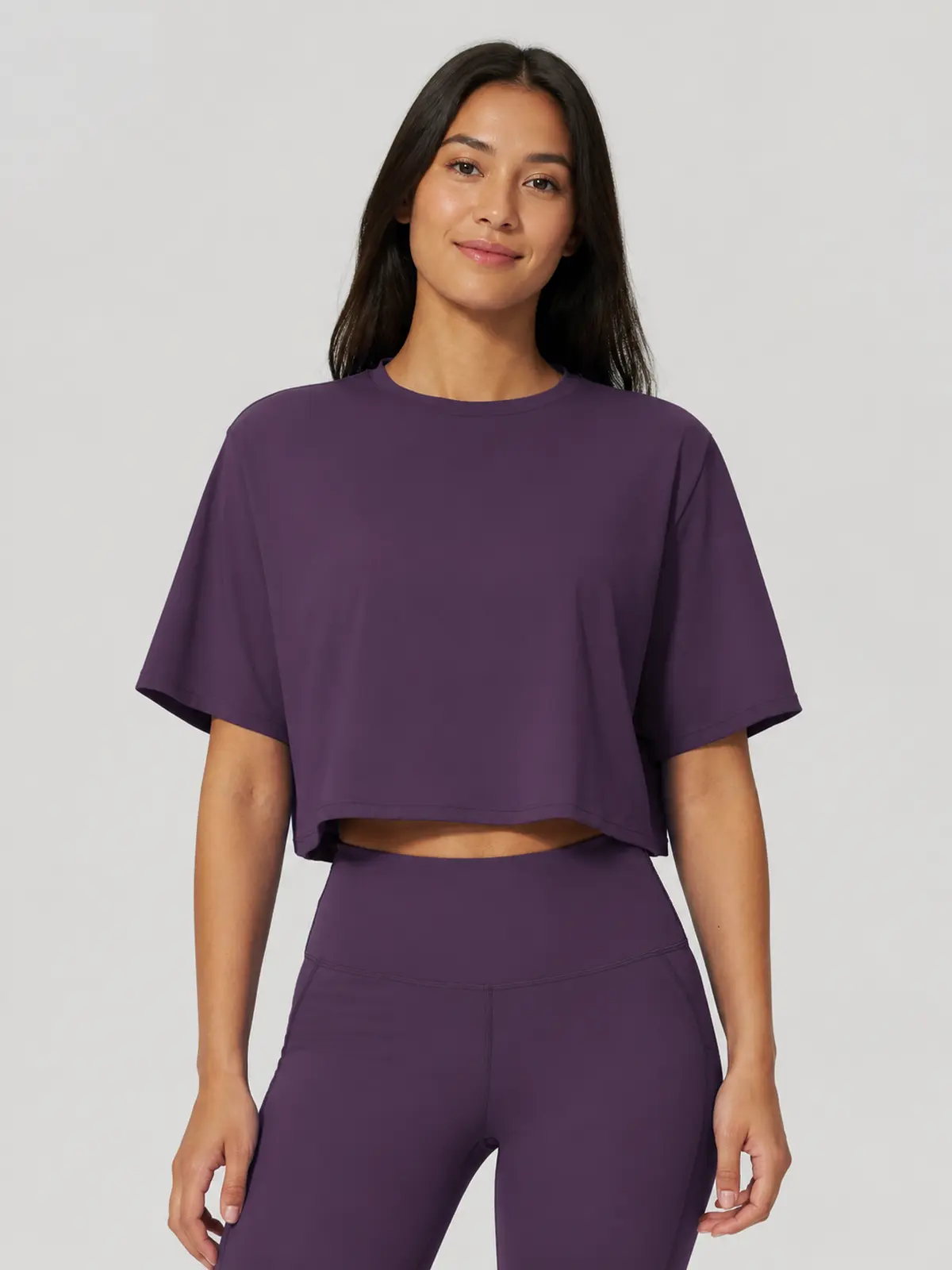 Daylily Note Cropped Short-Sleeve Crew-Neck Yoga T-Shirt — dark purple — crop-top — authoritative variation image