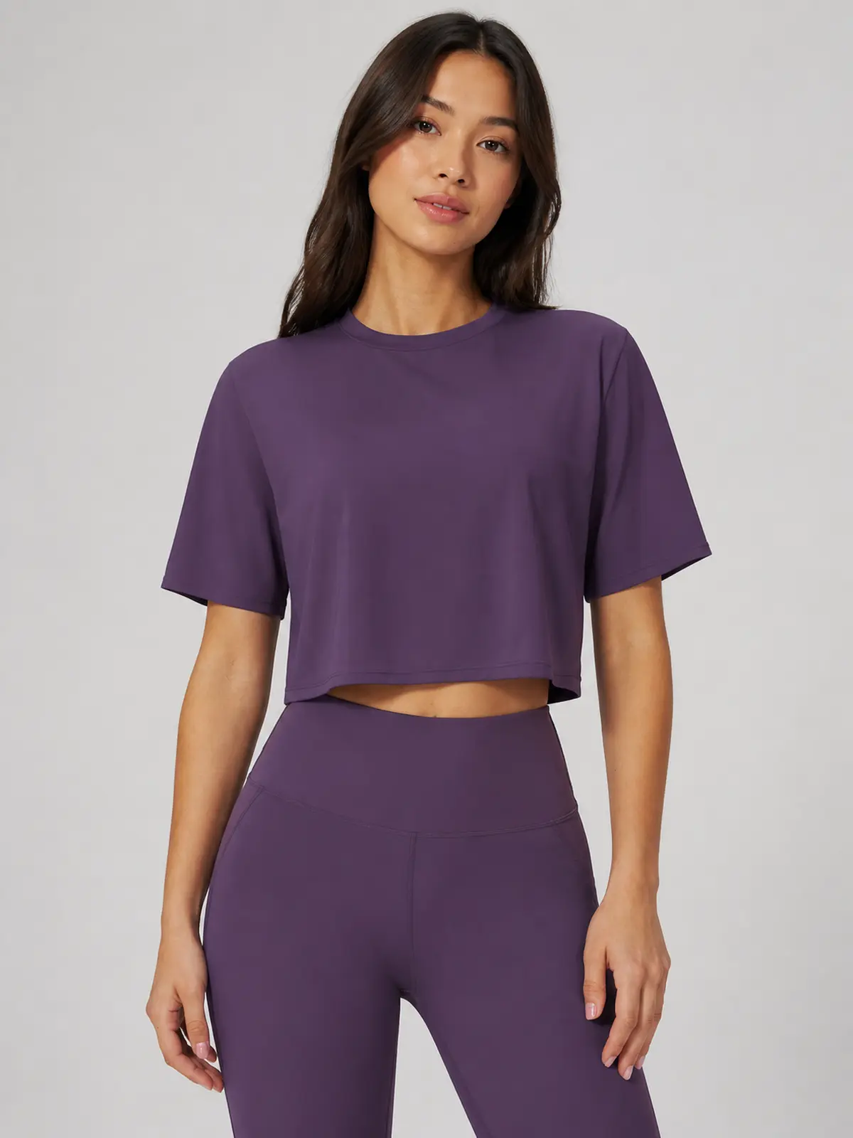 Daylily Note Cropped Short-Sleeve Crew-Neck Yoga T-Shirt — dark purple — crop-top — authoritative variation match