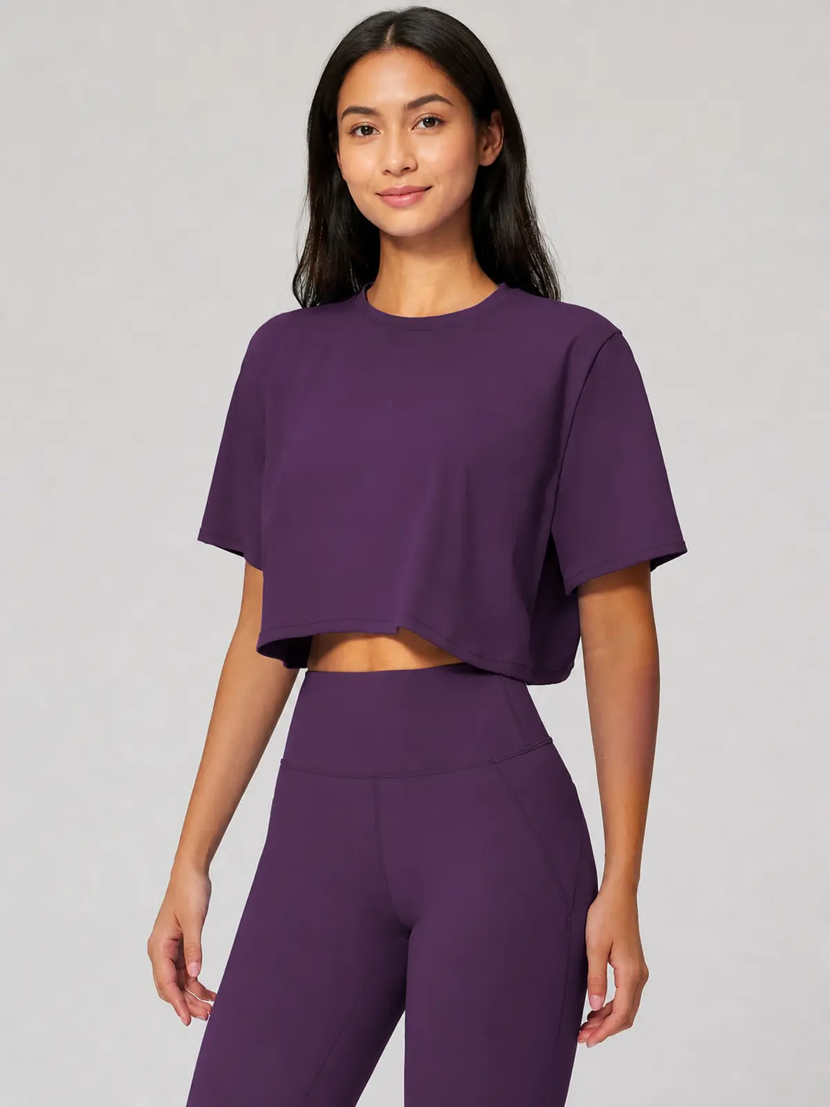 Daylily Note Cropped Short-Sleeve Crew-Neck Yoga T-Shirt — dark purple — crop-top — authoritative variation match