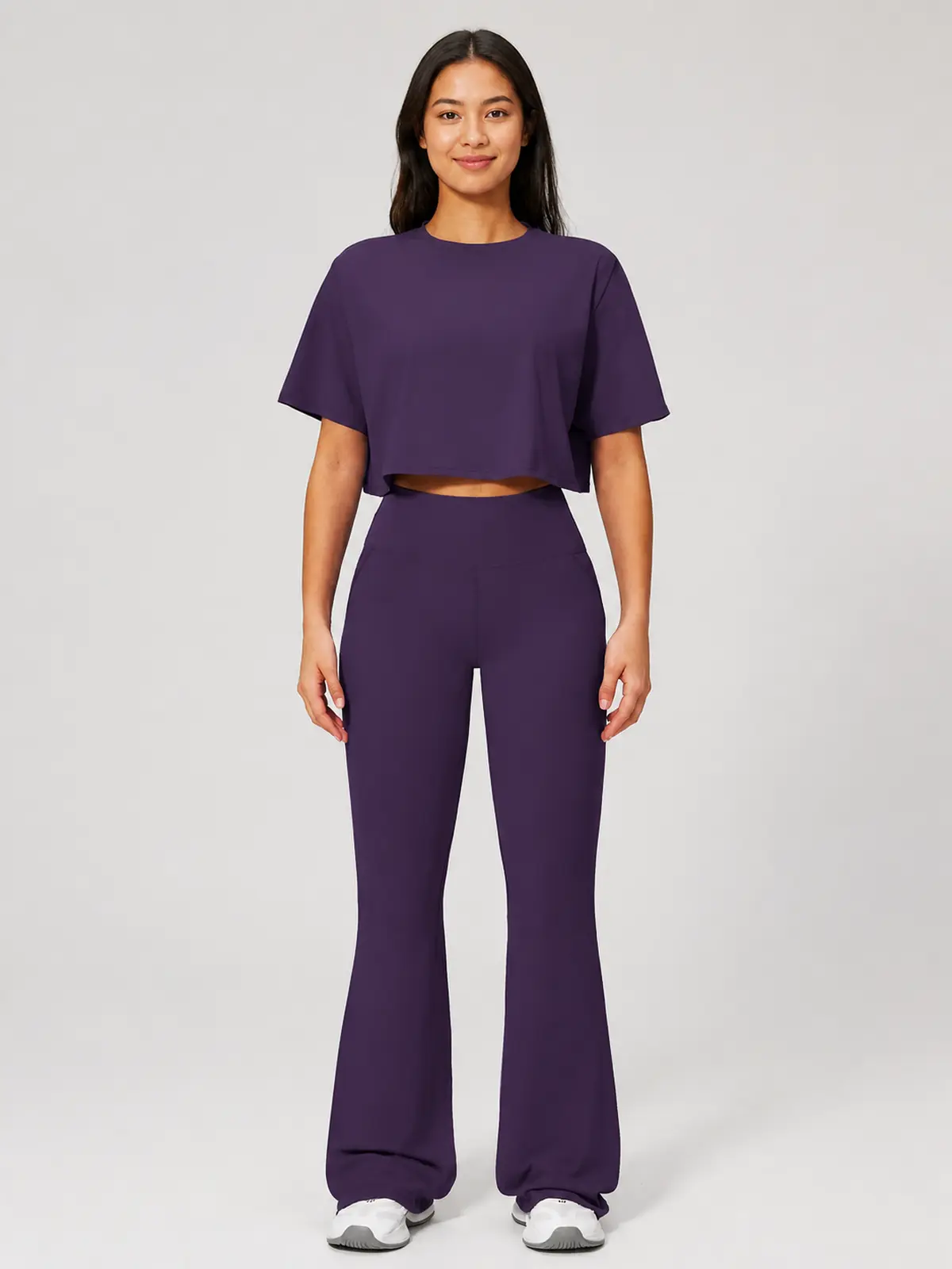 Daylily Note Cropped Short-Sleeve Crew-Neck Yoga T-Shirt — dark purple — crop-top — authoritative variation match