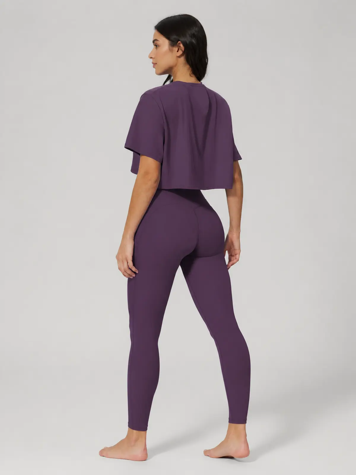 Daylily Note Cropped Short-Sleeve Crew-Neck Yoga T-Shirt — dark purple — general — authoritative variation match