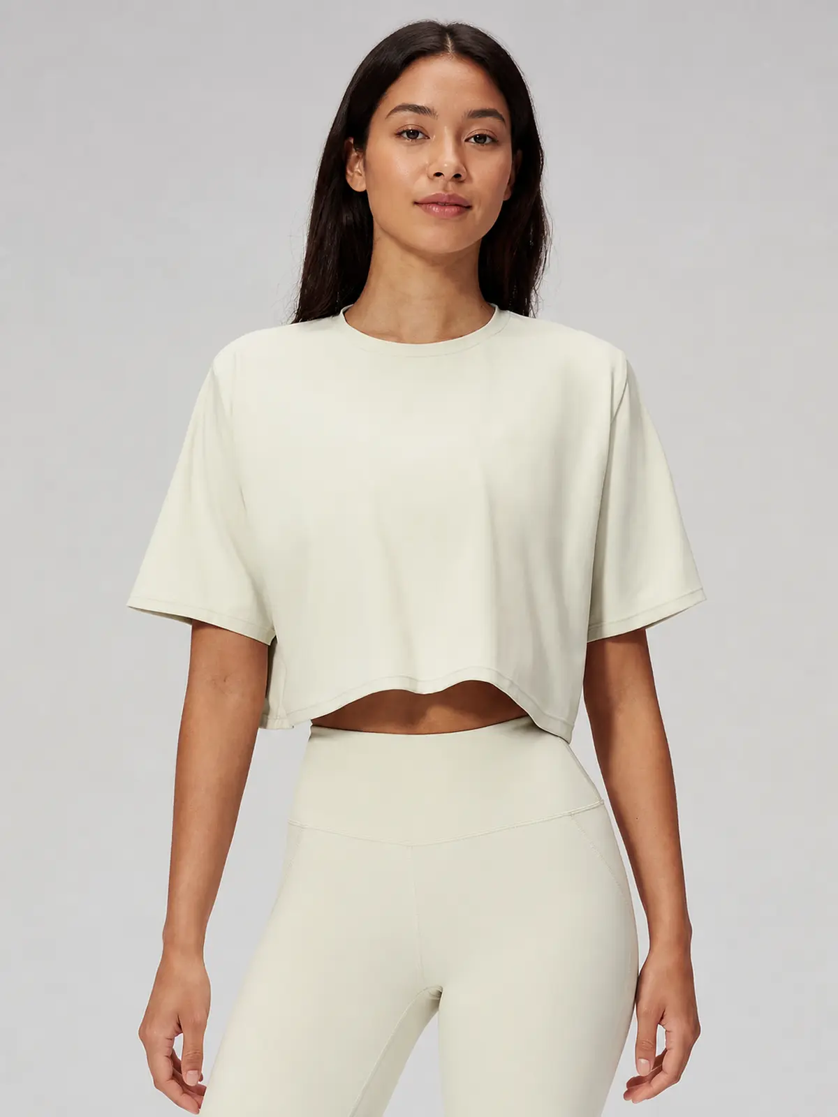 Daylily Note Cropped Short-Sleeve Crew-Neck Yoga T-Shirt — light apricot / ivory — crop-top — authoritative variation image