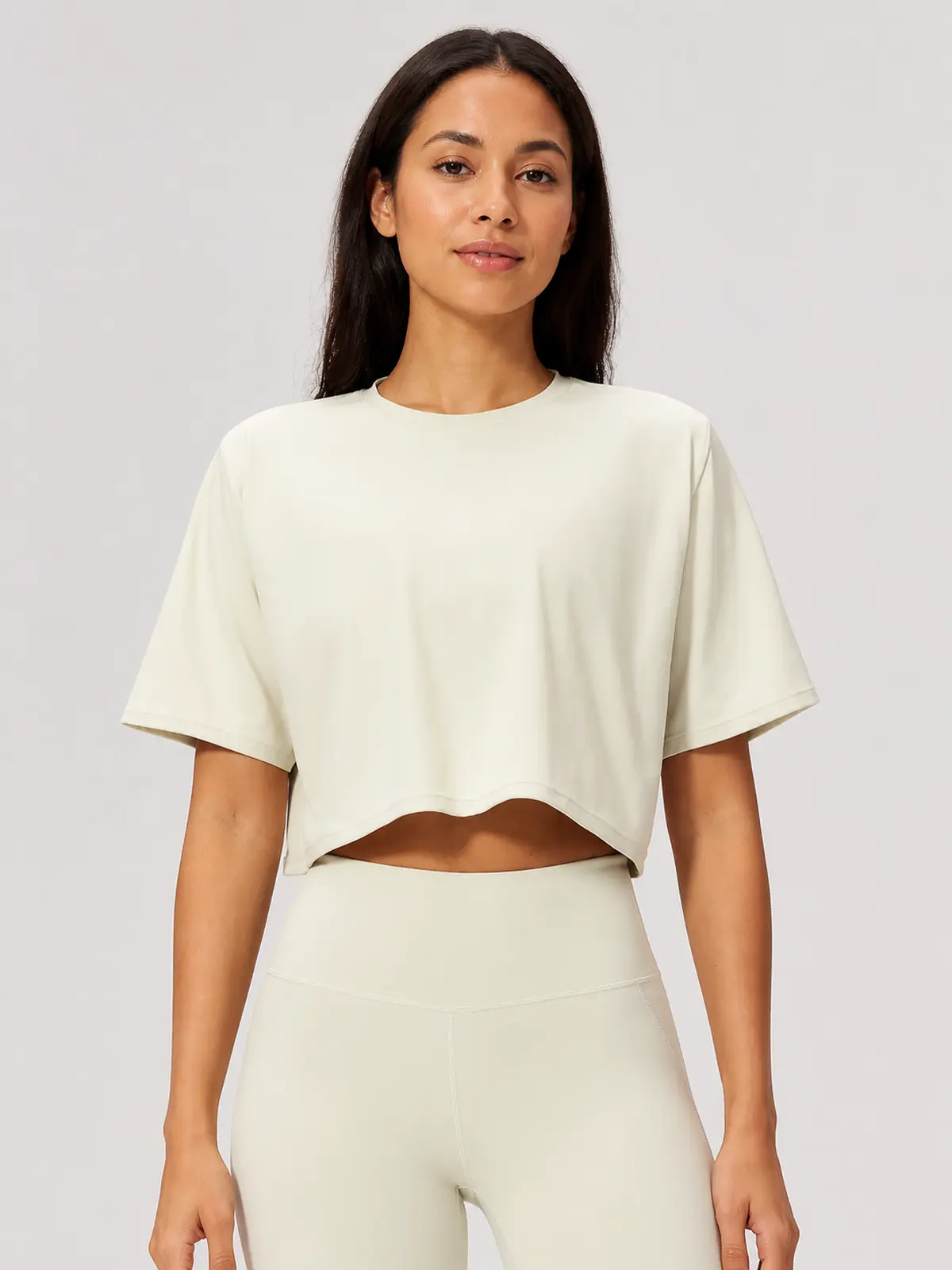 Daylily Note Cropped Short-Sleeve Crew-Neck Yoga T-Shirt — light apricot / ivory — crop-top — authoritative variation match