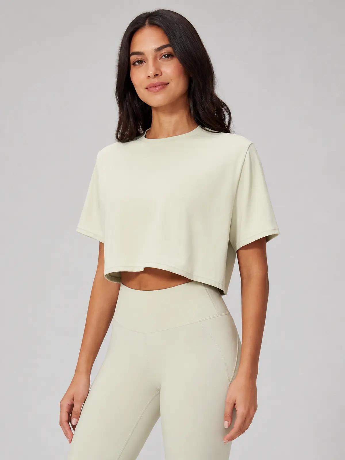 Daylily Note Cropped Short-Sleeve Crew-Neck Yoga T-Shirt — light apricot / ivory — crop-top — authoritative variation match