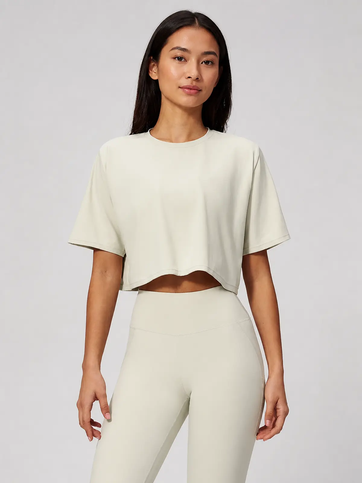 Daylily Note Cropped Short-Sleeve Crew-Neck Yoga T-Shirt — light apricot / ivory — crop-top — authoritative variation match