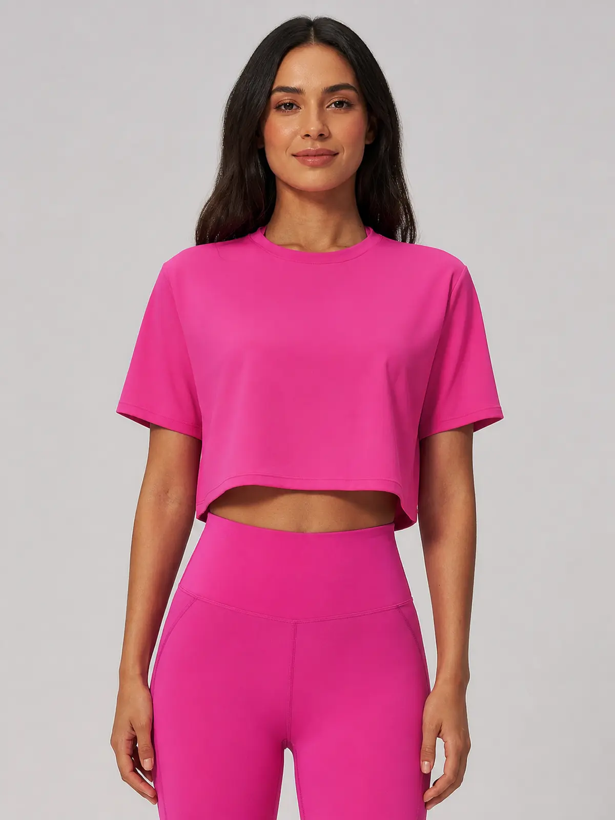 Daylily Note Cropped Short-Sleeve Crew-Neck Yoga T-Shirt — magenta — crop-top — authoritative variation image