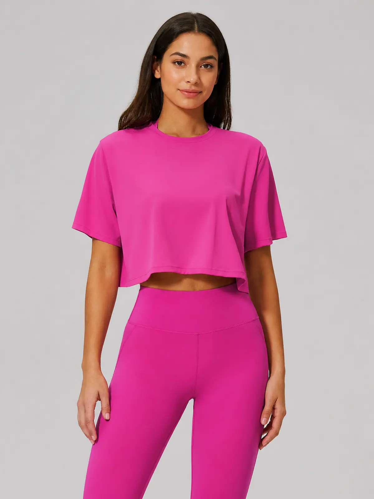 Daylily Note Cropped Short-Sleeve Crew-Neck Yoga T-Shirt — magenta — general — authoritative variation match