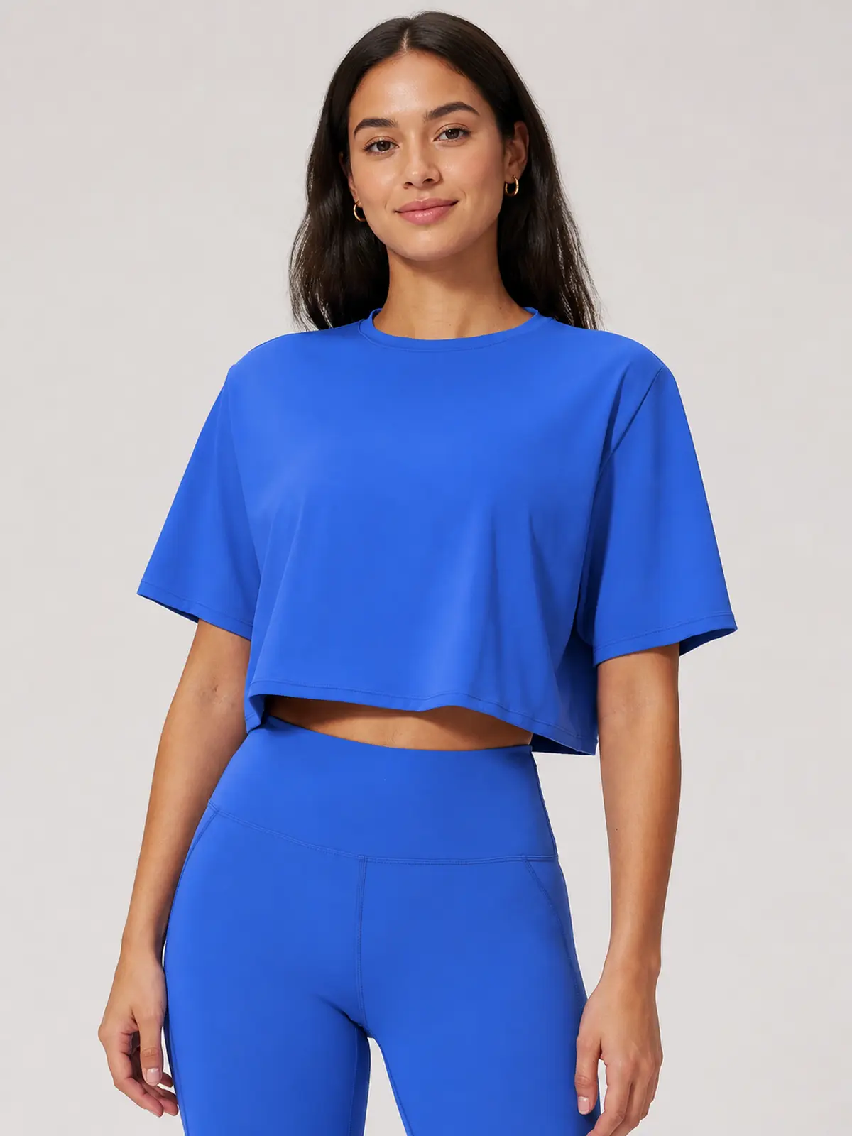 Daylily Note Cropped Short-Sleeve Crew-Neck Yoga T-Shirt — royal blue — crop-top — authoritative variation image