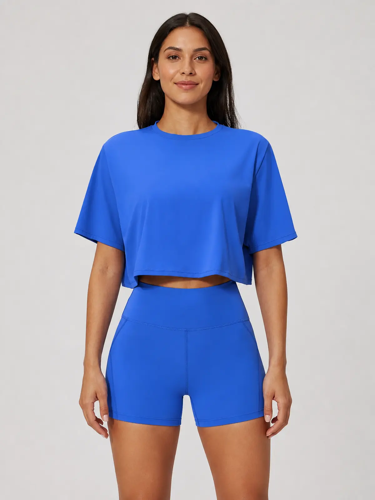 Daylily Note Cropped Short-Sleeve Crew-Neck Yoga T-Shirt — royal blue — crop-top — authoritative variation match
