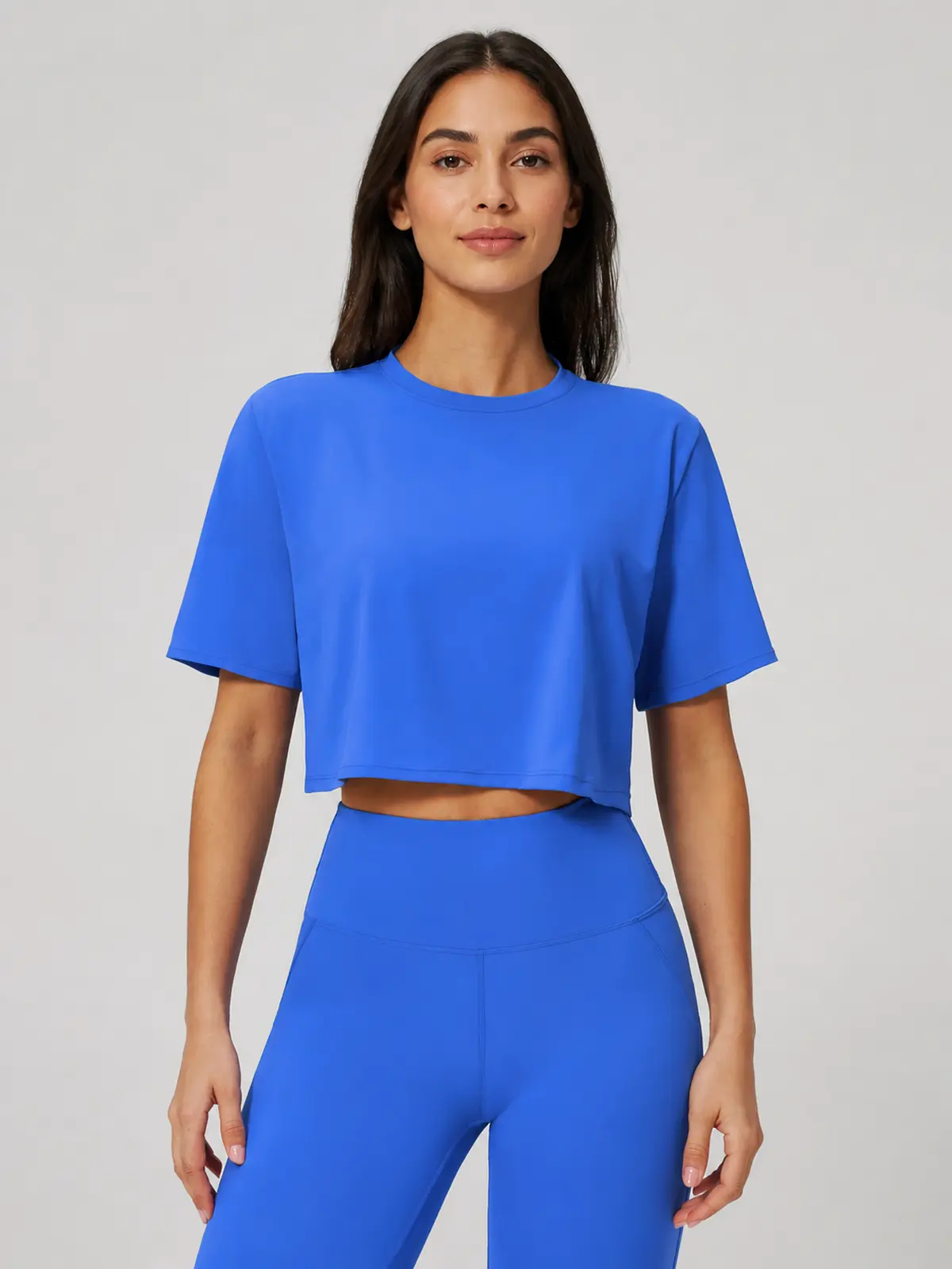 Daylily Note Cropped Short-Sleeve Crew-Neck Yoga T-Shirt — royal blue — crop-top — authoritative variation match