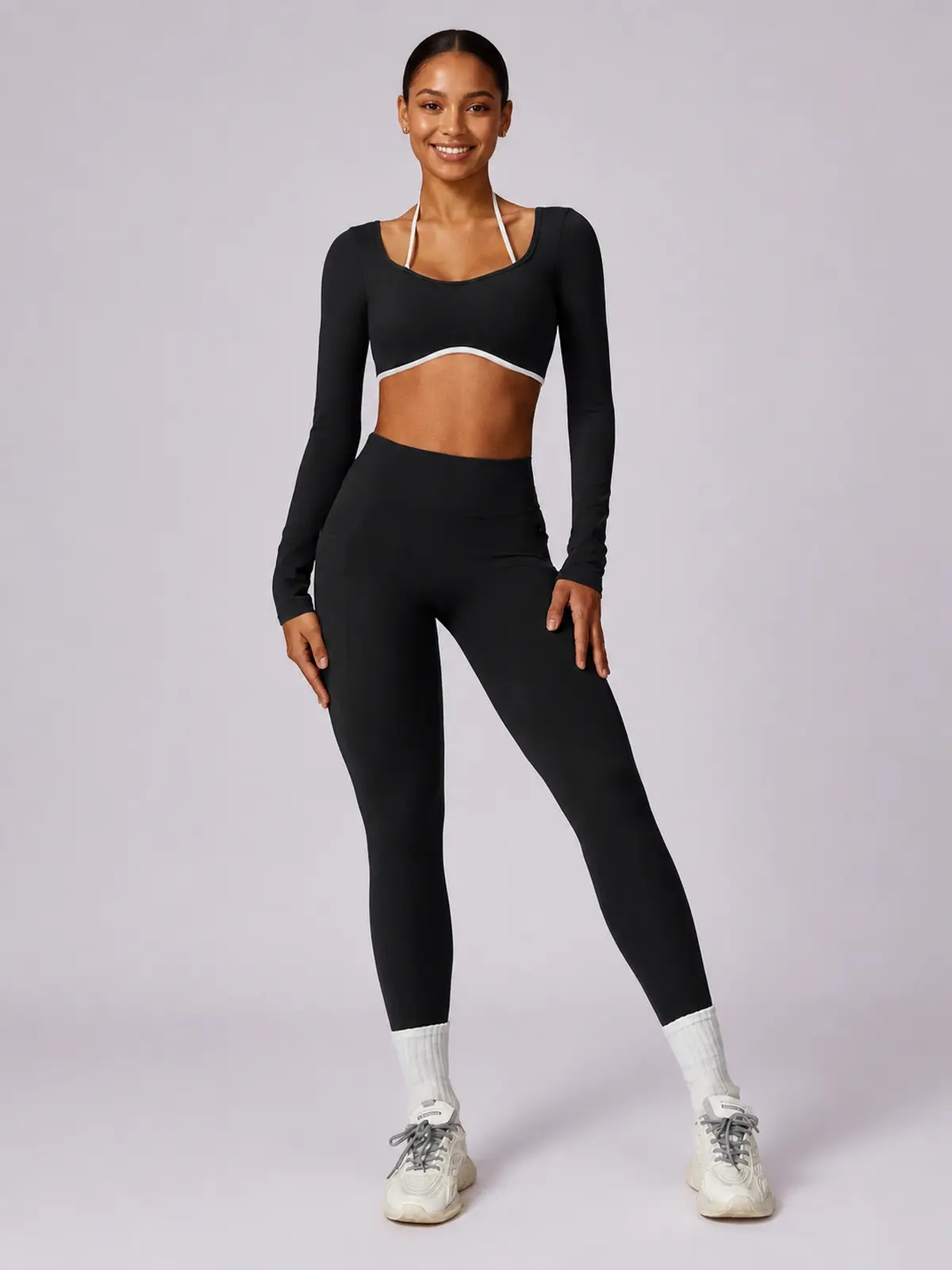 Ember Notion Long-Sleeve Crop Top and Full-Length Leggings Set — black — general — authoritative variation image