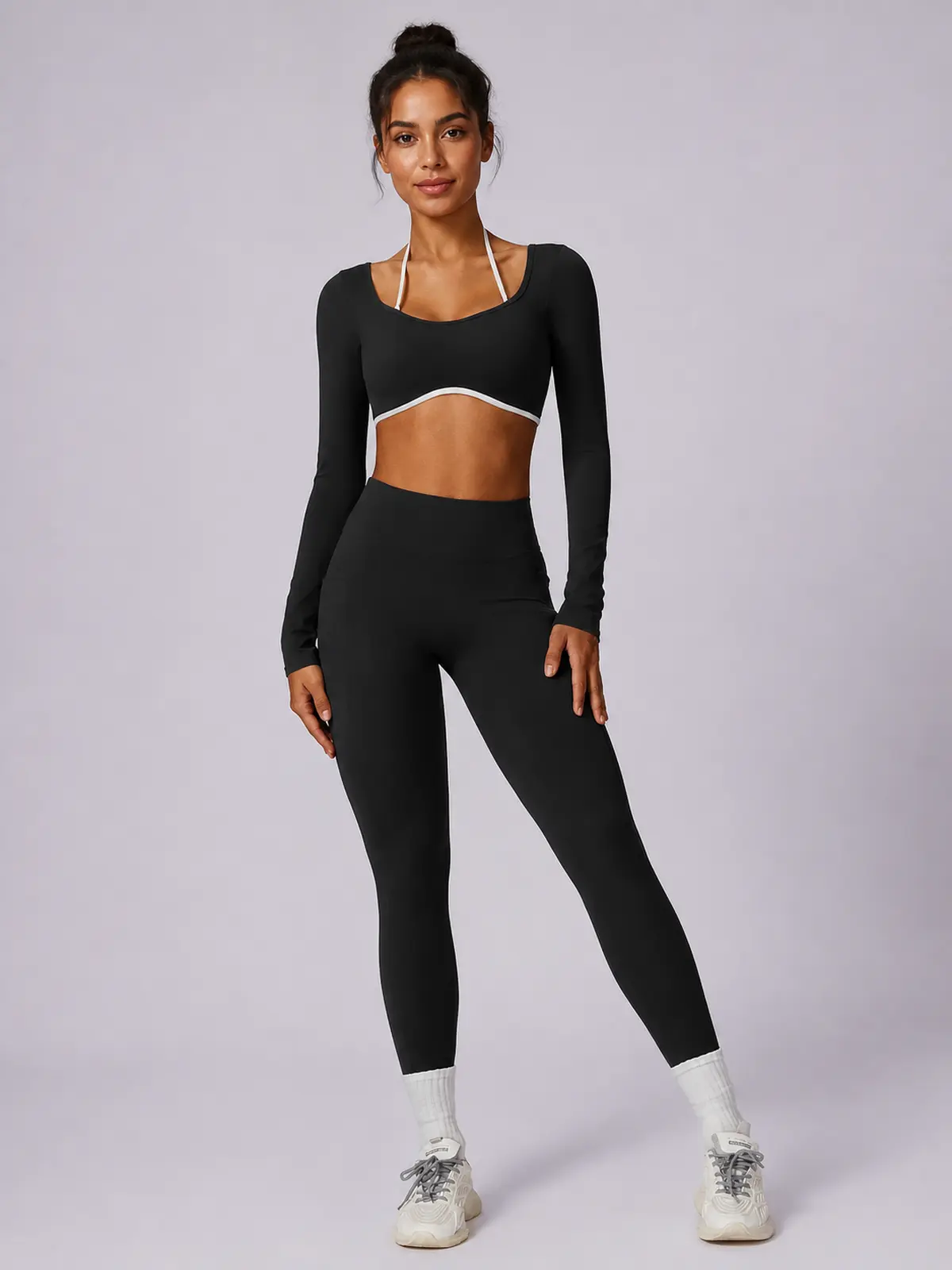 Ember Notion Long-Sleeve Crop Top and Full-Length Leggings Set — black — general — authoritative variation match