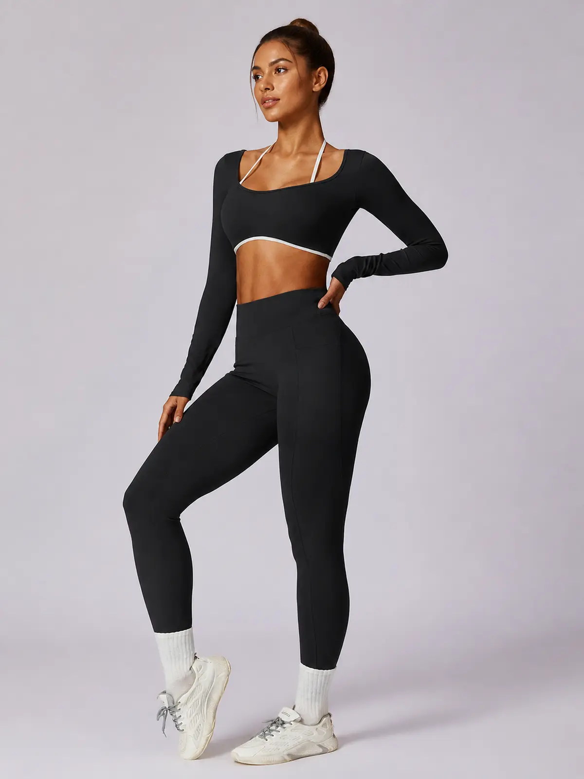 Ember Notion Long-Sleeve Crop Top and Full-Length Leggings Set — black — general — authoritative variation match