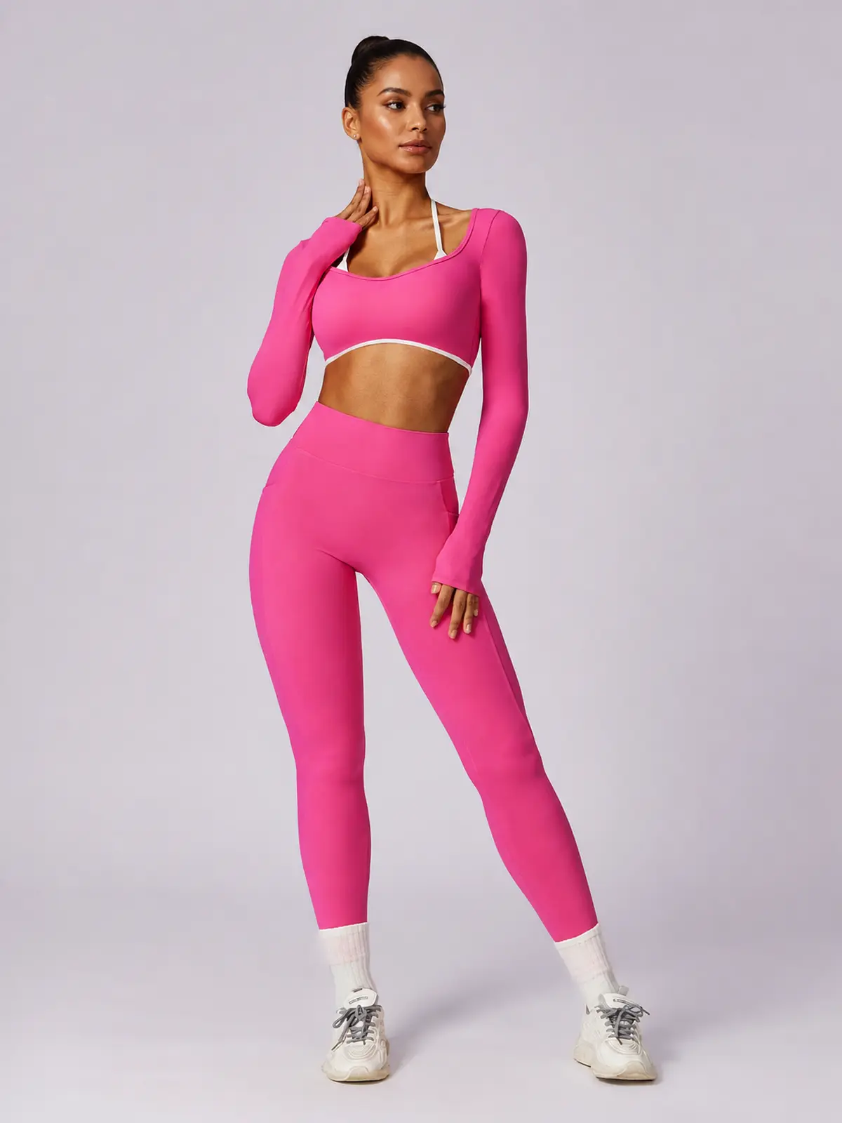 Ember Notion Long-Sleeve Crop Top and Full-Length Leggings Set — bright pink — general — authoritative variation image