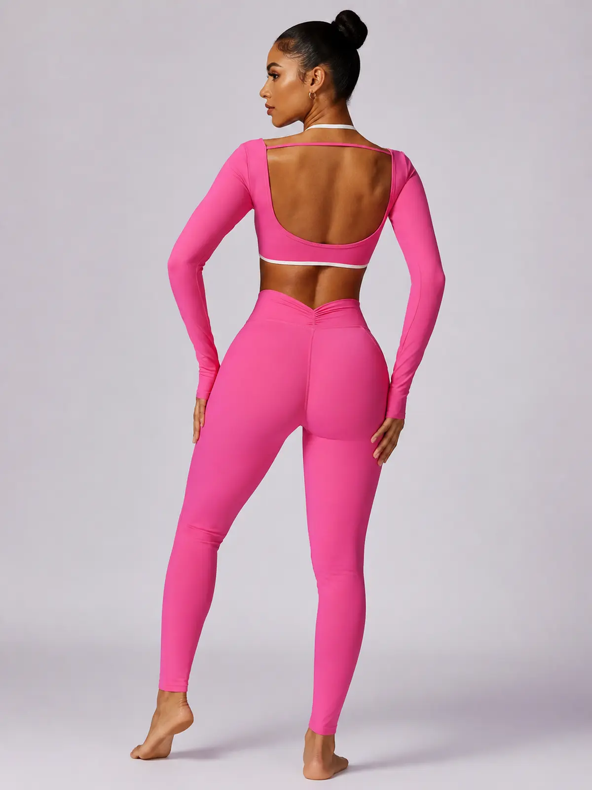 Ember Notion Long-Sleeve Crop Top and Full-Length Leggings Set — bright pink — general — authoritative variation match