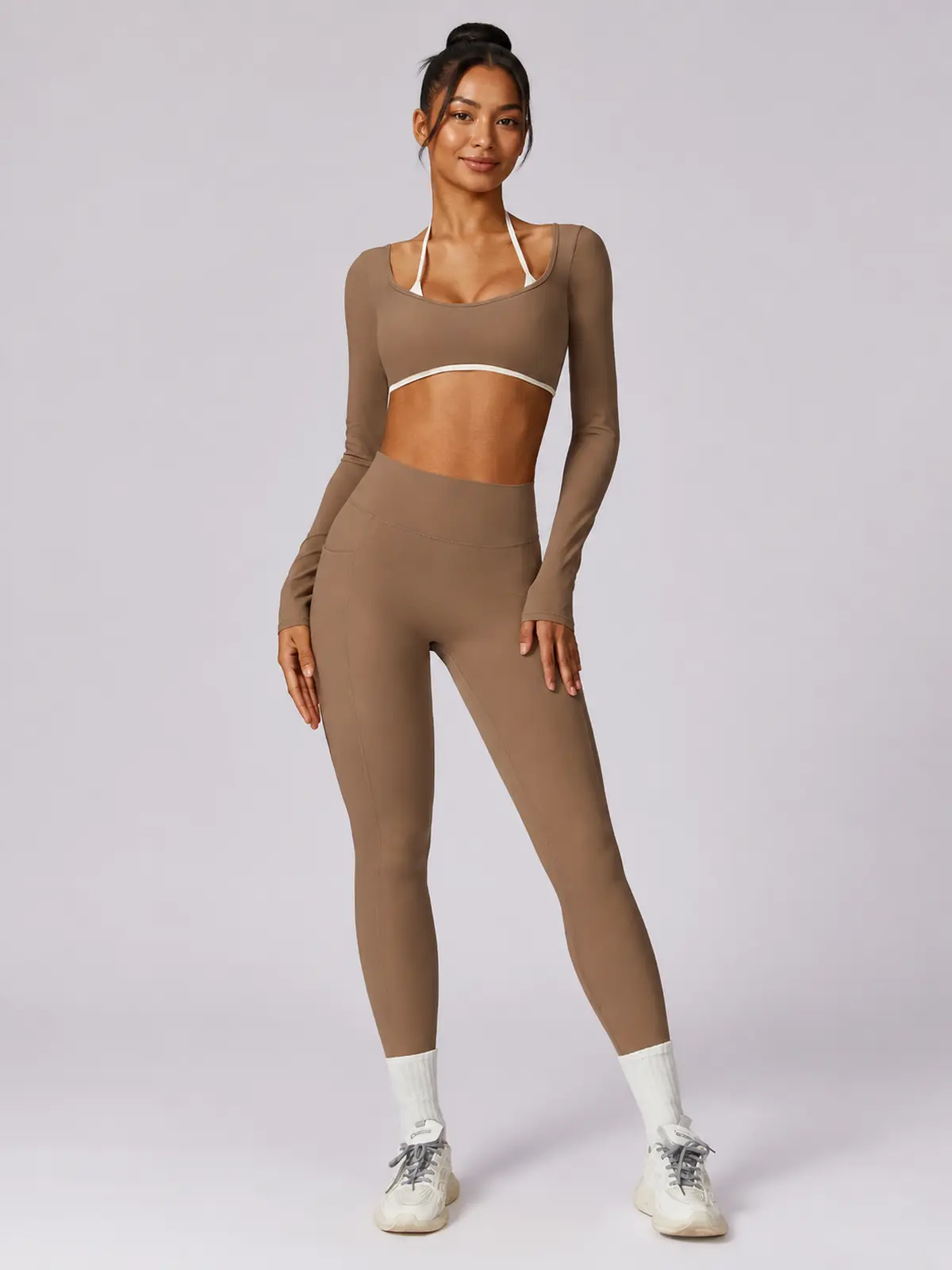 Ember Notion Long-Sleeve Crop Top and Full-Length Leggings Set — mocha brown — general — authoritative variation image
