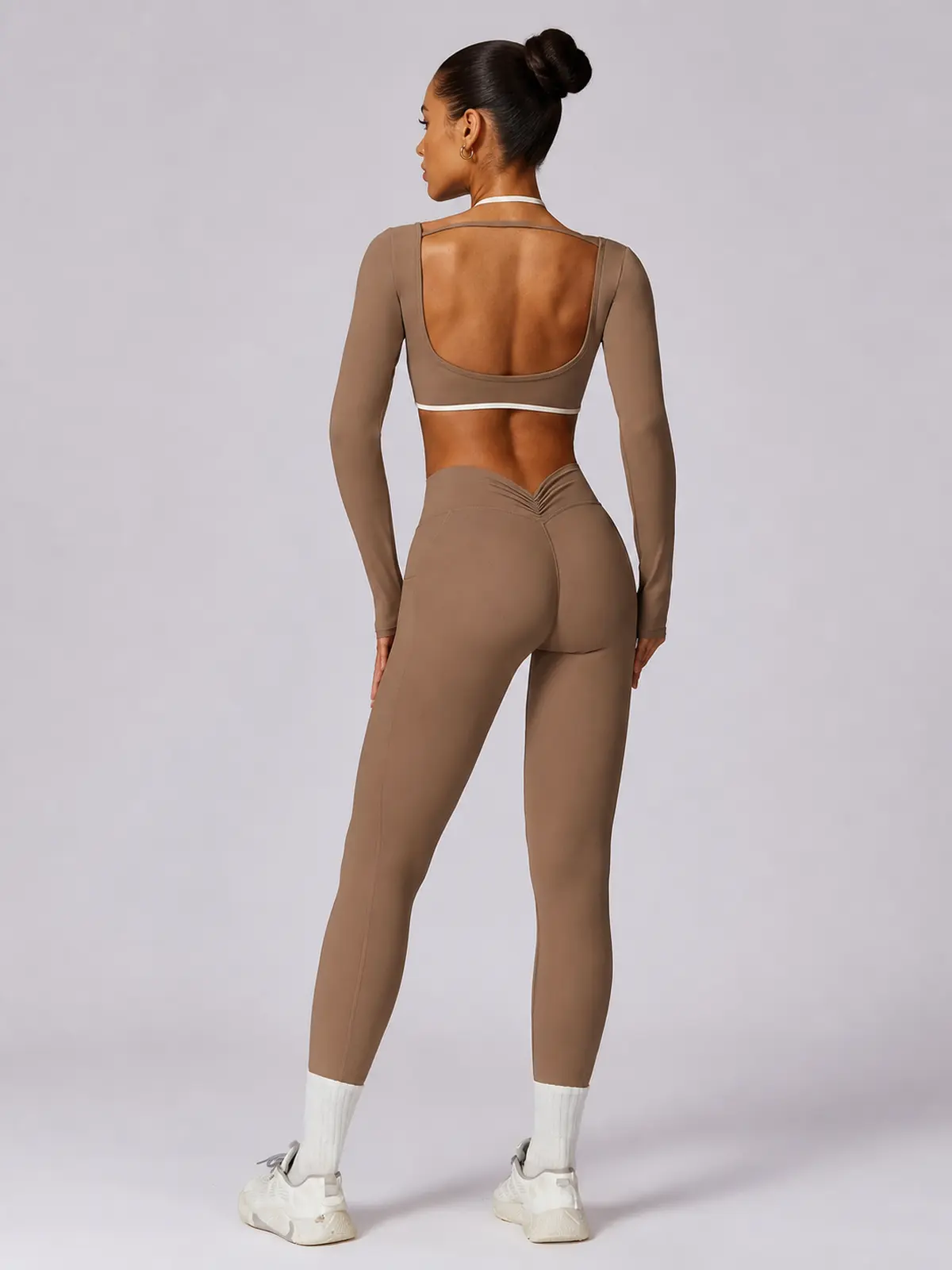 Ember Notion Long-Sleeve Crop Top and Full-Length Leggings Set — mocha brown — general — authoritative variation match