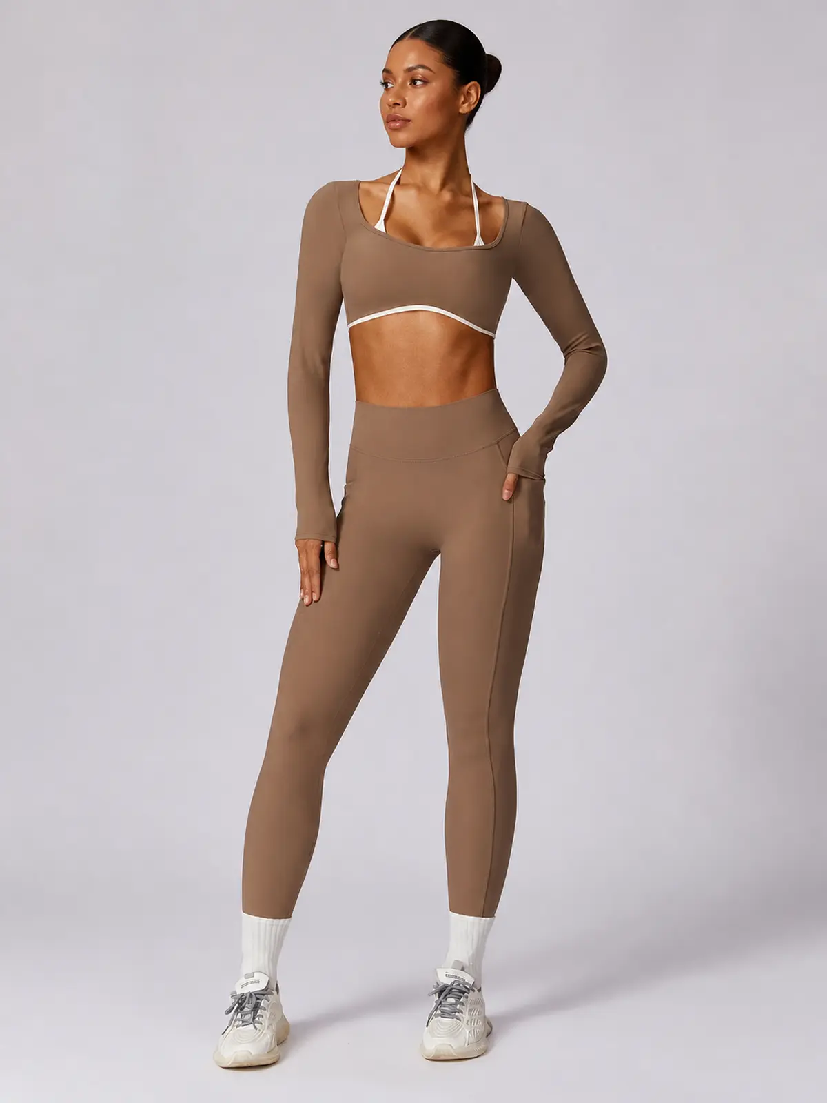 Ember Notion Long-Sleeve Crop Top and Full-Length Leggings Set — mocha brown — general — authoritative variation match