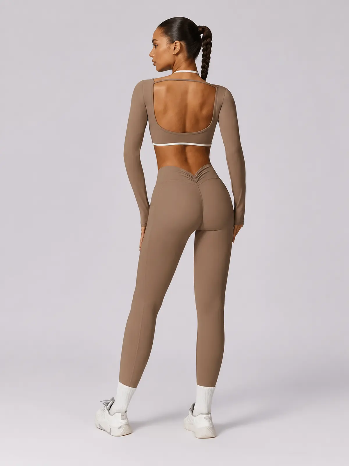 Ember Notion Long-Sleeve Crop Top and Full-Length Leggings Set — mocha brown — general — authoritative variation match