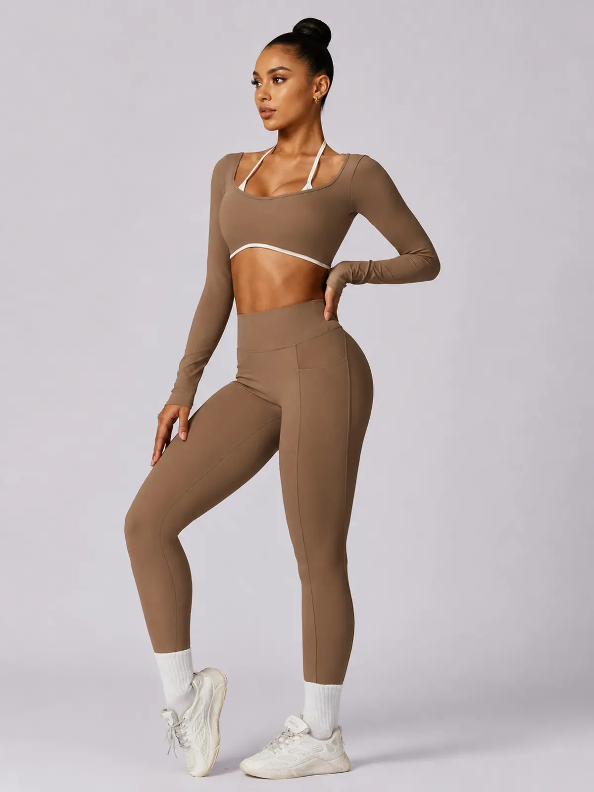 Ember Notion Long-Sleeve Crop Top and Full-Length Leggings Set — mocha brown — general — authoritative variation match