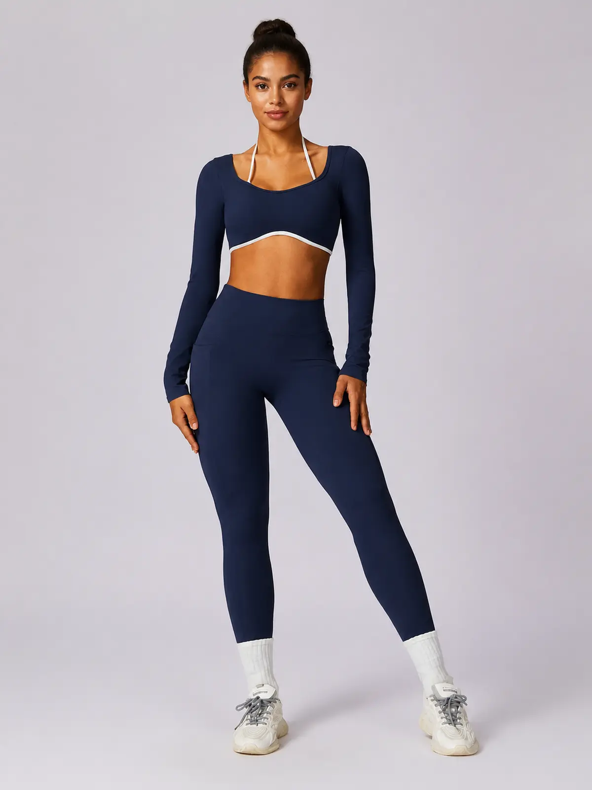 Ember Notion Long-Sleeve Crop Top and Full-Length Leggings Set — navy blue — general — authoritative variation image