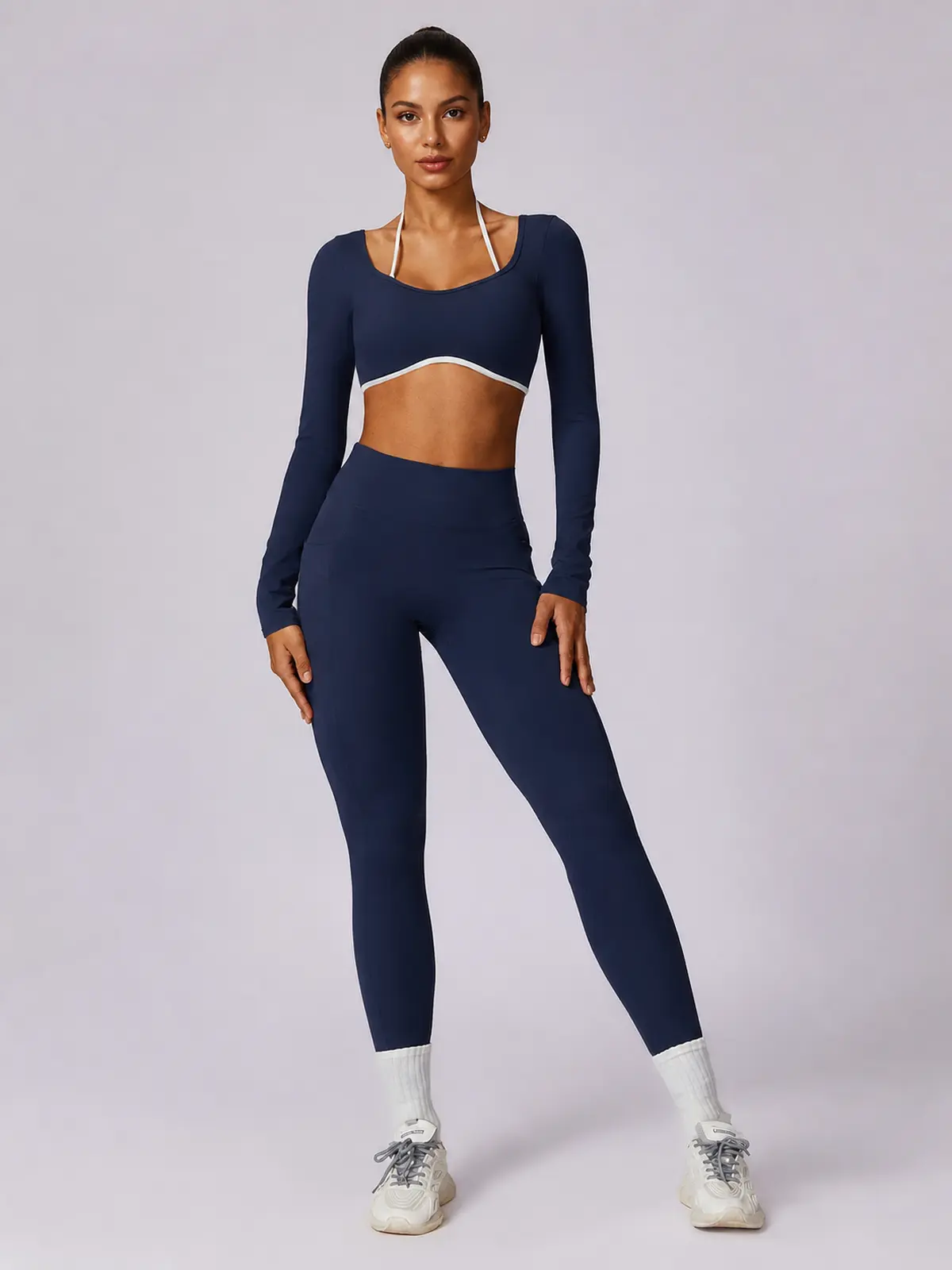 Ember Notion Long-Sleeve Crop Top and Full-Length Leggings Set — navy blue — general — authoritative variation match