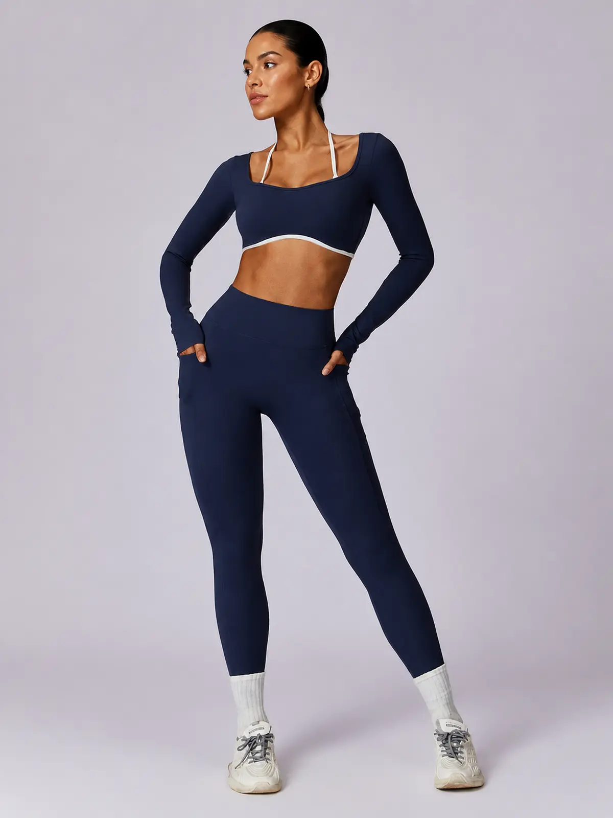 Ember Notion Long-Sleeve Crop Top and Full-Length Leggings Set — navy blue — general — authoritative variation match