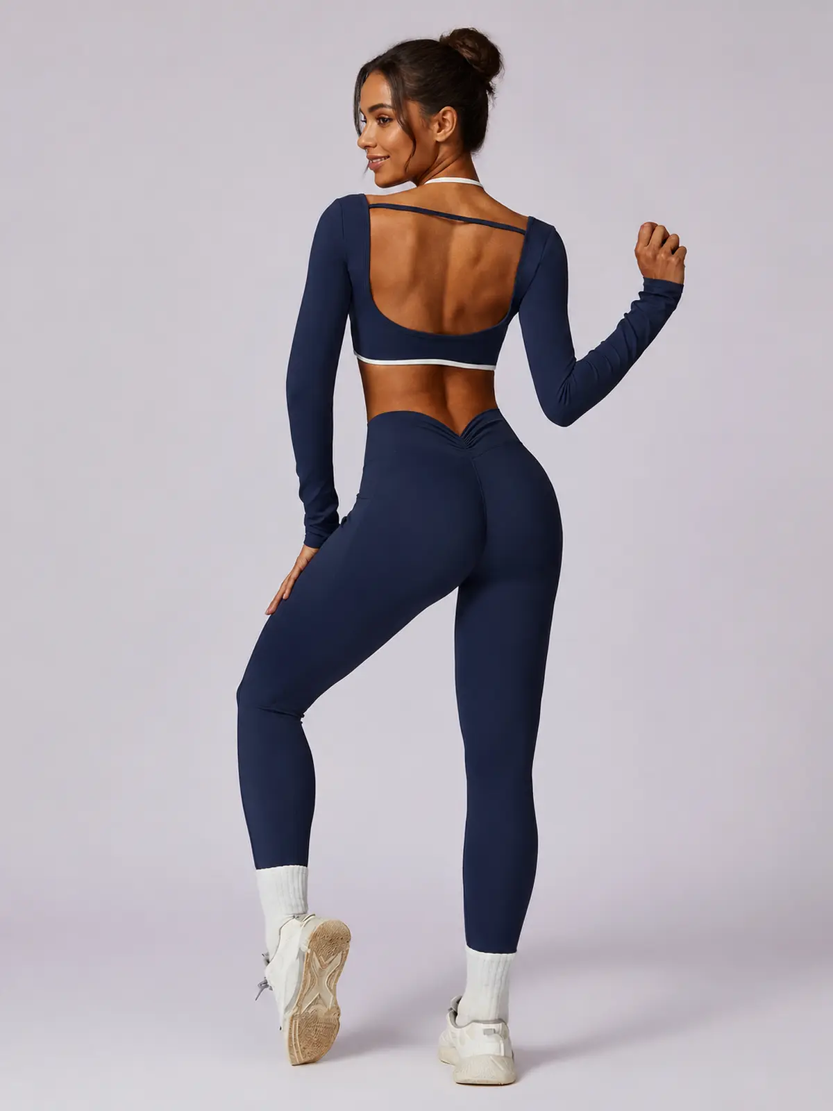 Ember Notion Long-Sleeve Crop Top and Full-Length Leggings Set — navy blue — general — authoritative variation match